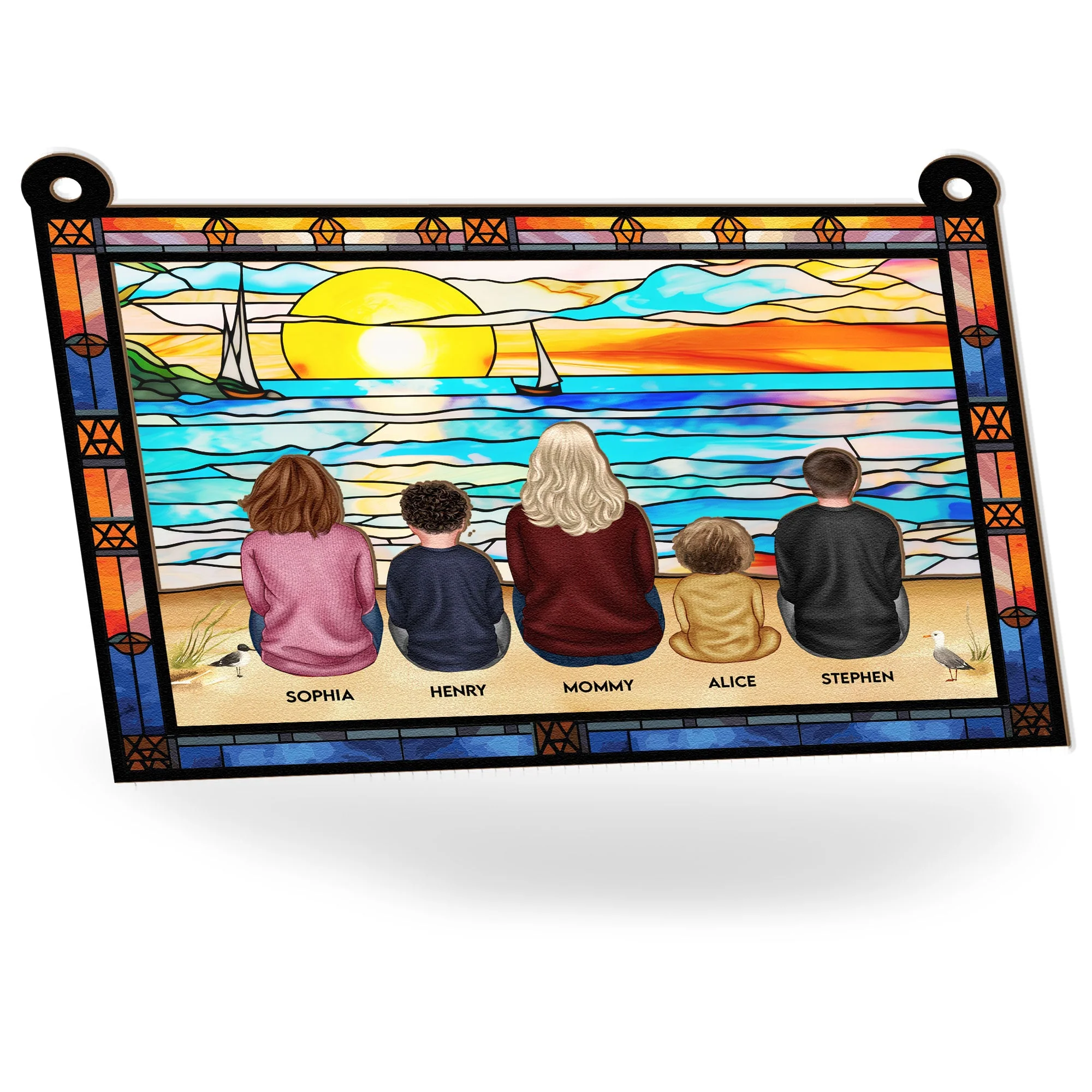 Mom & Children Sitting On The Beach - Personalized Window Hanging Suncatcher Ornament - Image 4