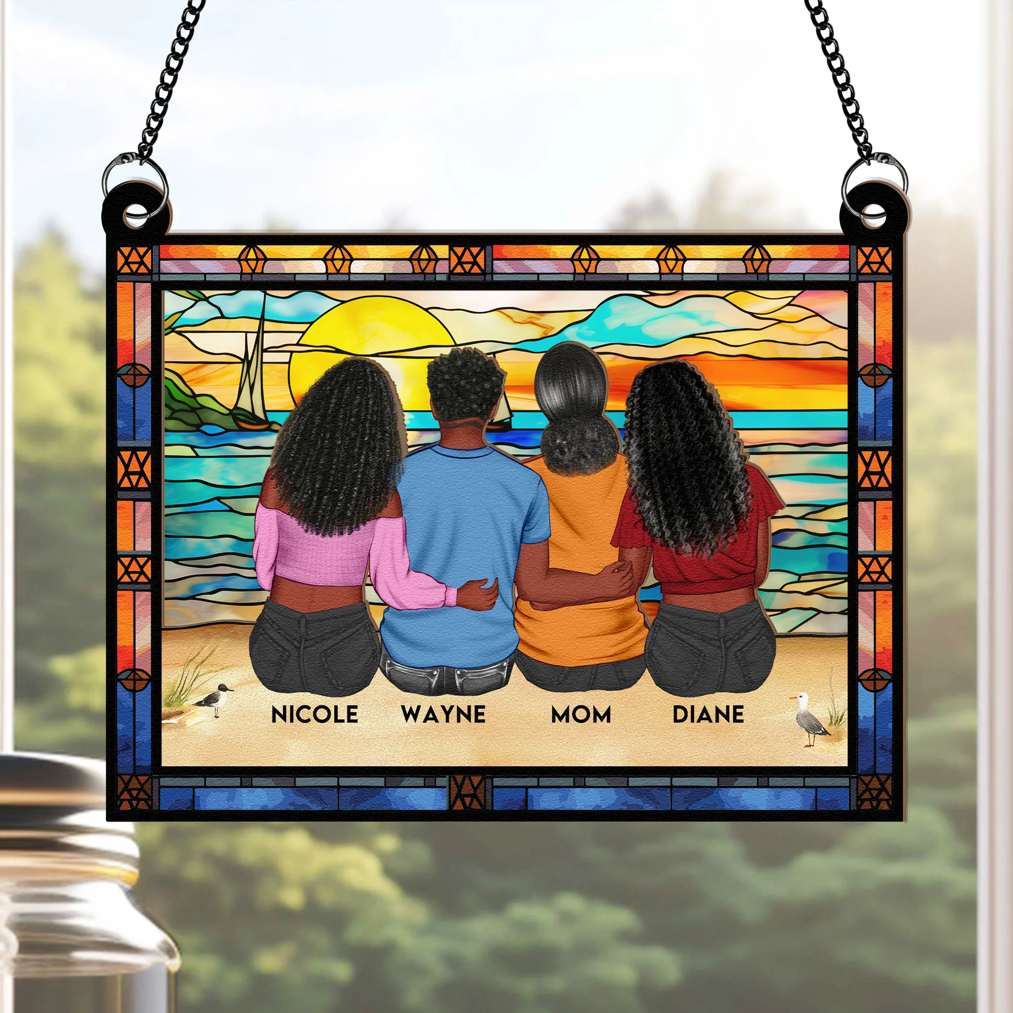 Mom & Children Sitting On The Beach - Personalized Window Hanging Suncatcher Ornament - Gift For Mom - Image 2