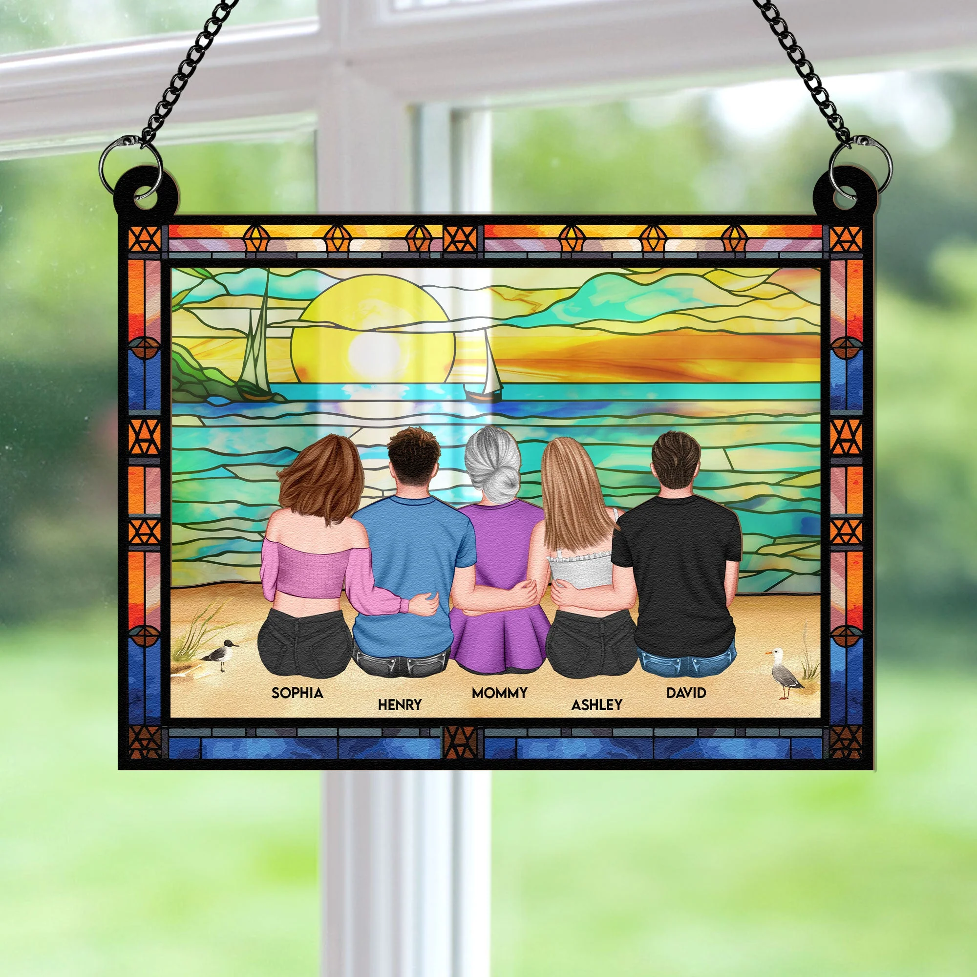 Mom & Children Sitting On The Beach - Personalized Window Hanging Suncatcher Ornament - Gift For Mom - Image 3
