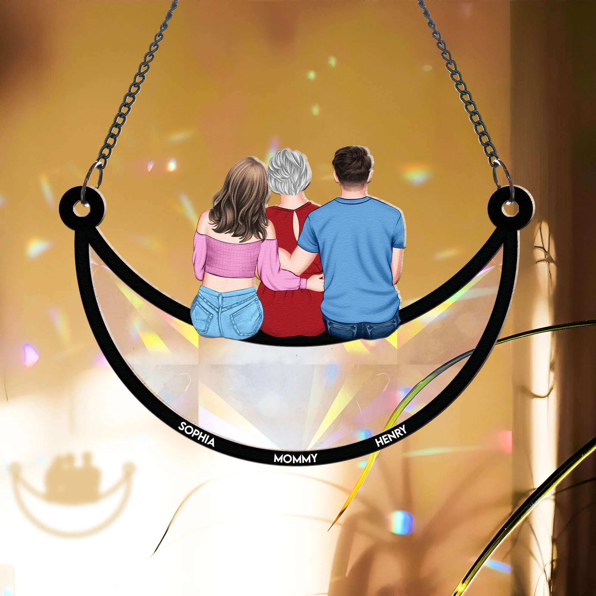 Mom & Children Sitting On The Moon - Personalized Rainbow Suncatcher - Image 3