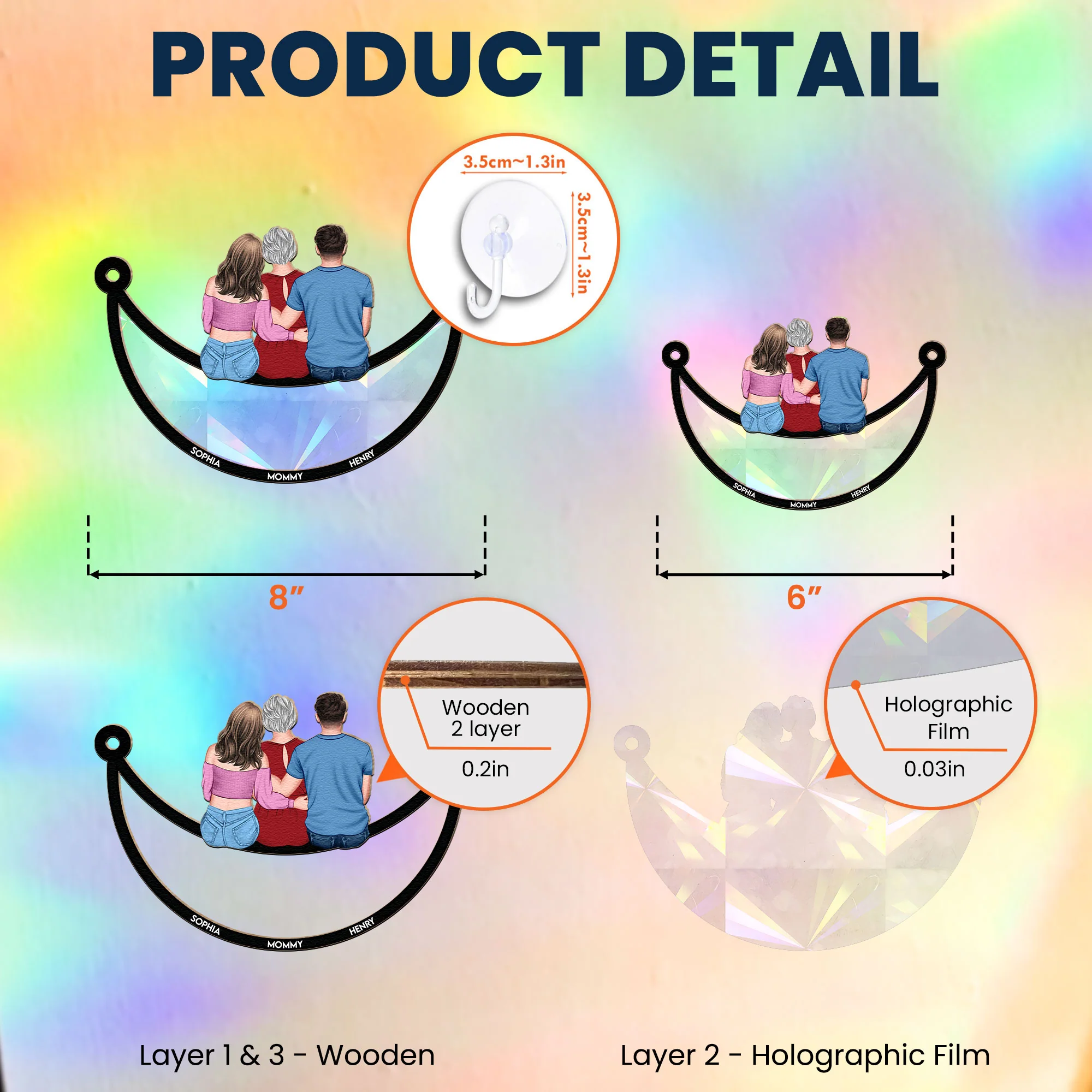Mom & Children Sitting On The Moon - Personalized Rainbow Suncatcher - Image 5