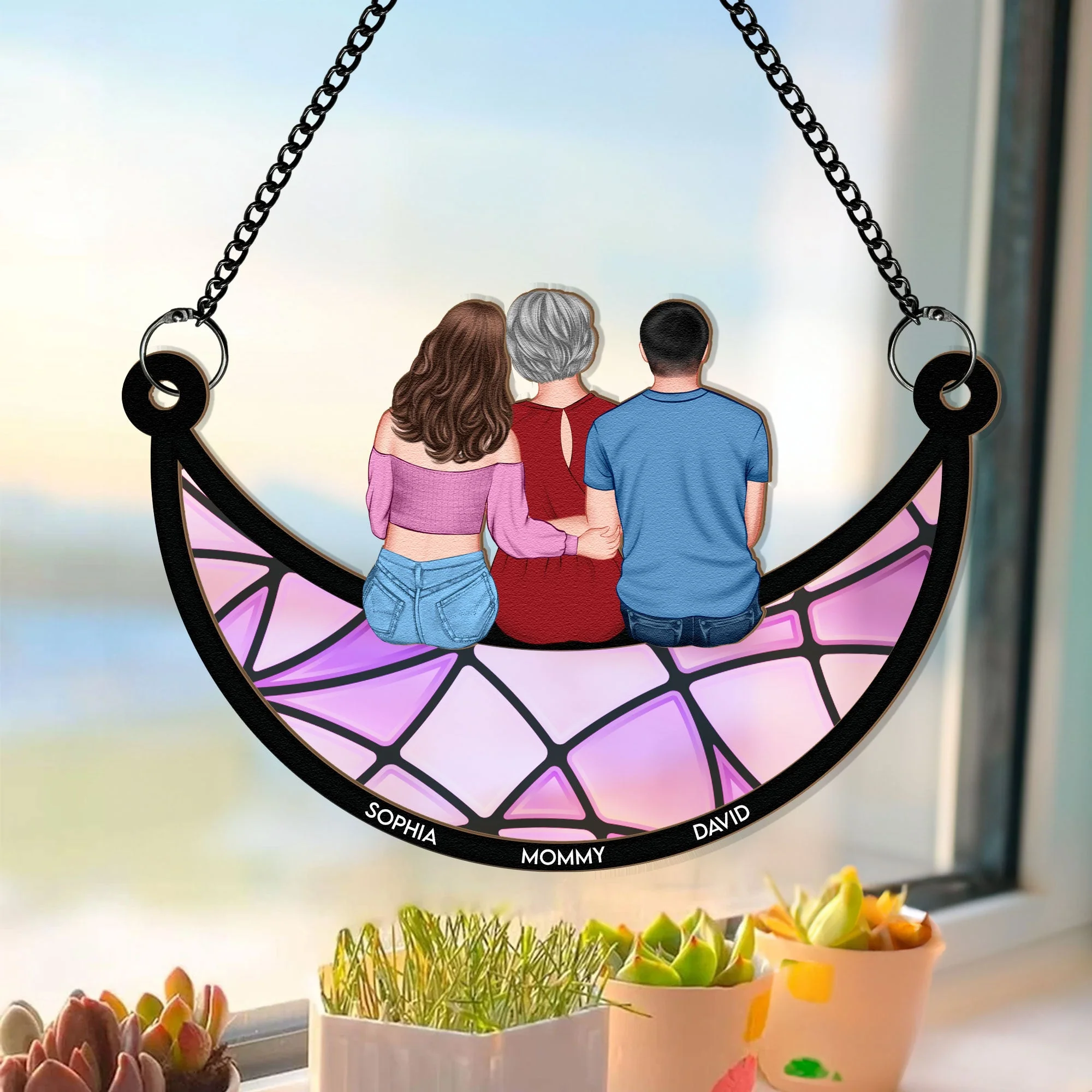 Mom, Children Sitting On The Moon - Personalized Window Hanging Suncatcher Ornament - Gift For Mom - Image 3