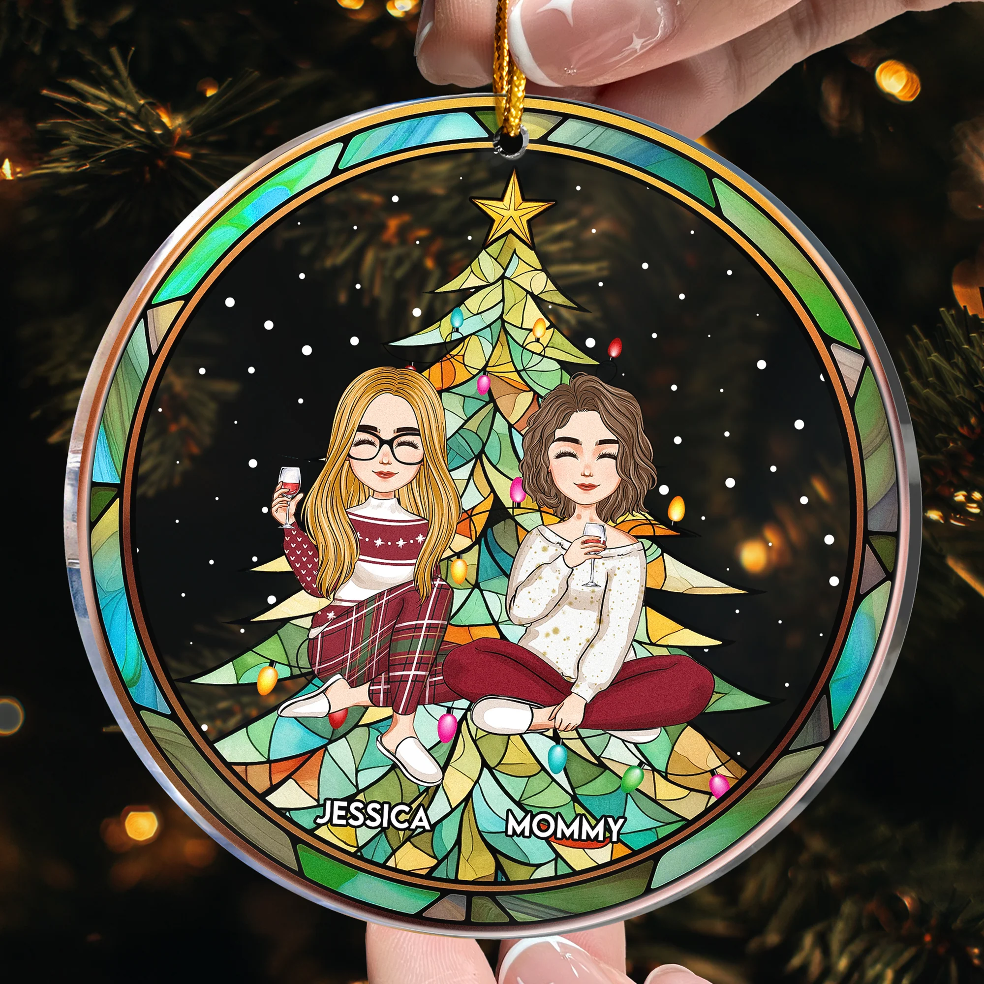 Mom/Daughter/Family Together By Christmas Tree - Personalized Acrylic Ornament - Image 2