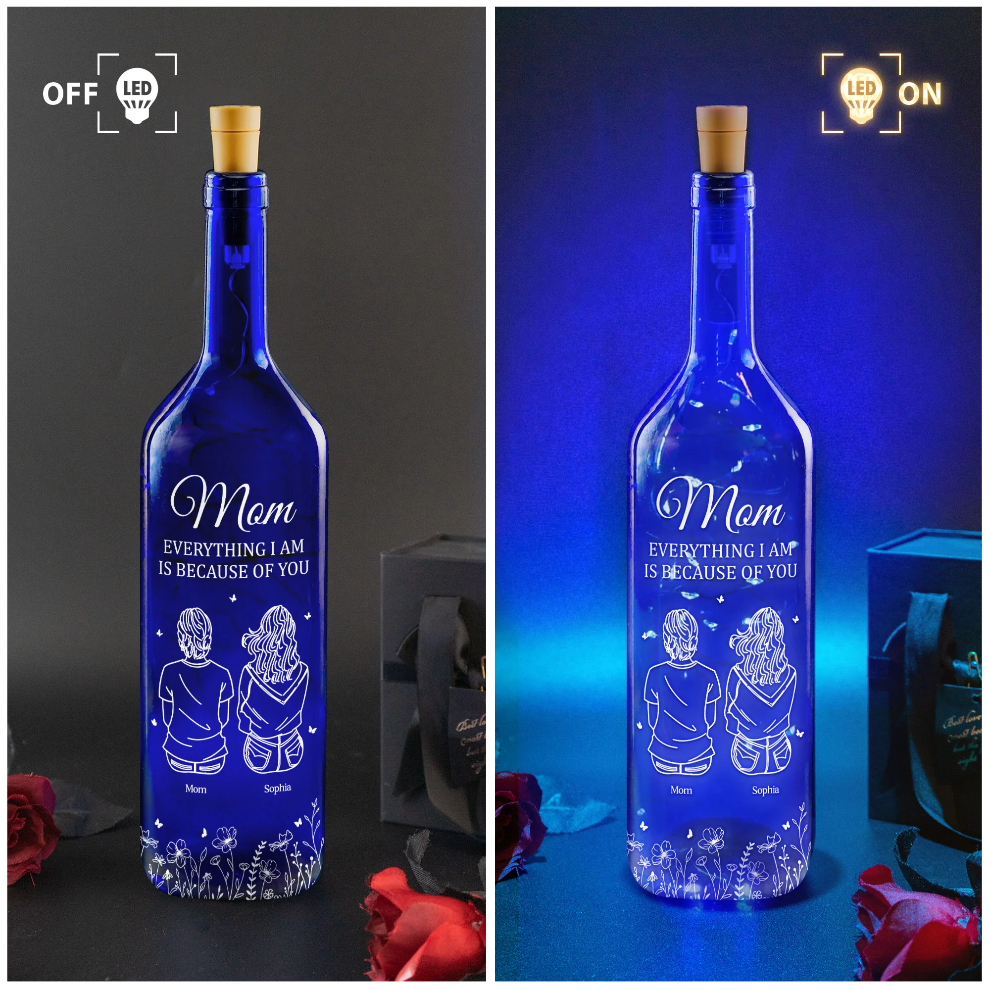 Mom Everything I Am Is Because Of You - Personalized Blue Bottle Lamp - Image 3