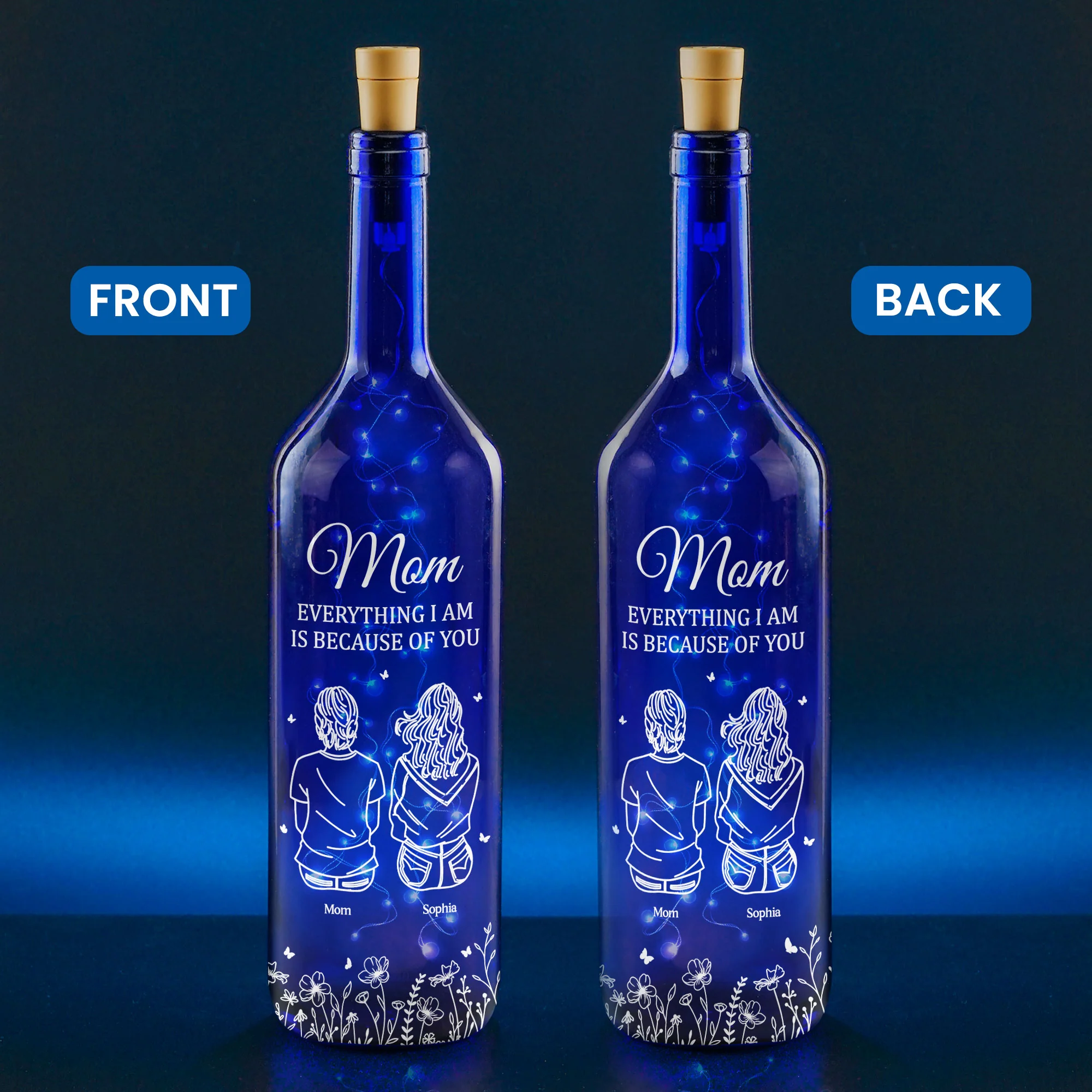 Mom Everything I Am Is Because Of You - Personalized Blue Bottle Lamp - Image 4