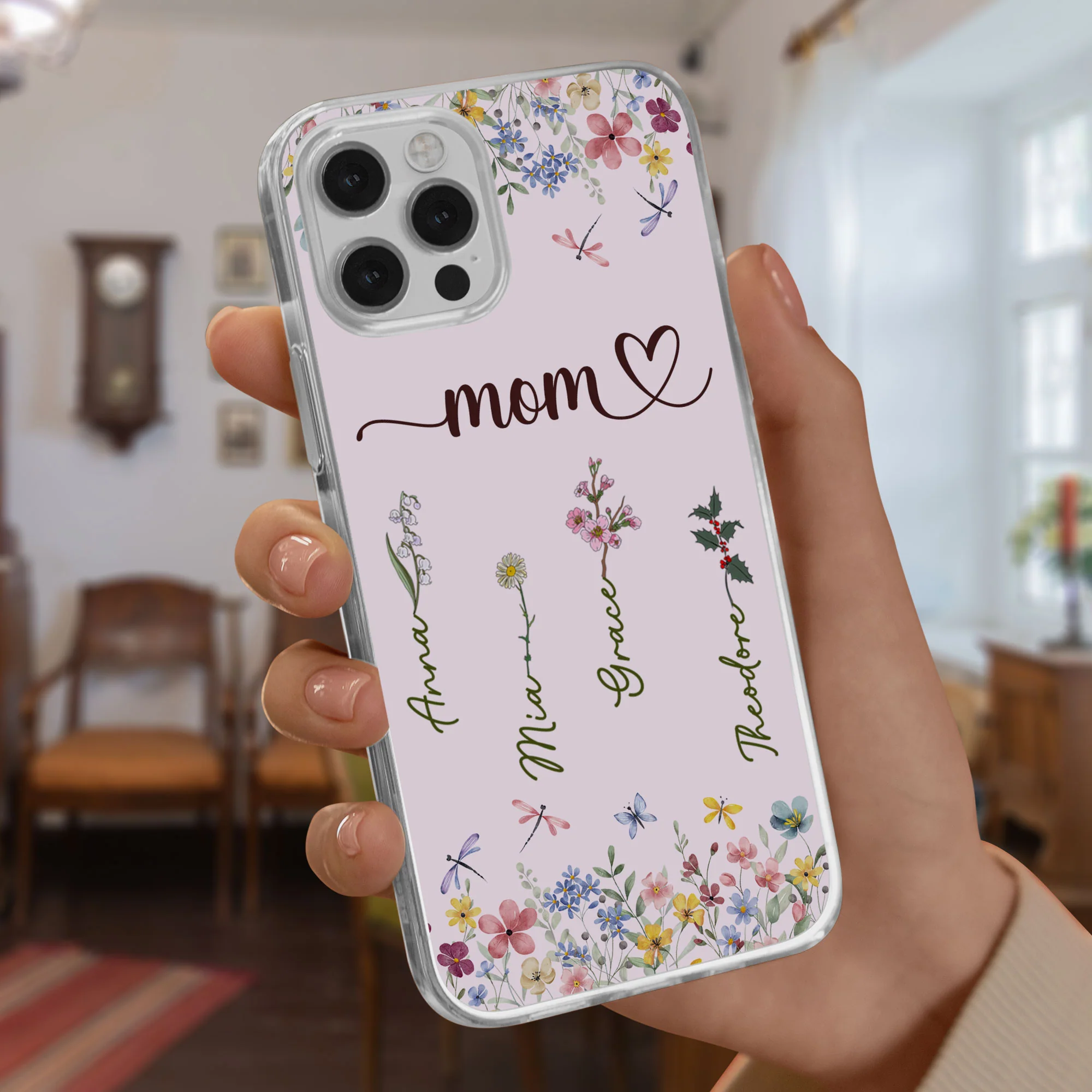 Mom Grandma Custom Birth Flower Kid Name - Personalized Clear Phone Case - Image 3