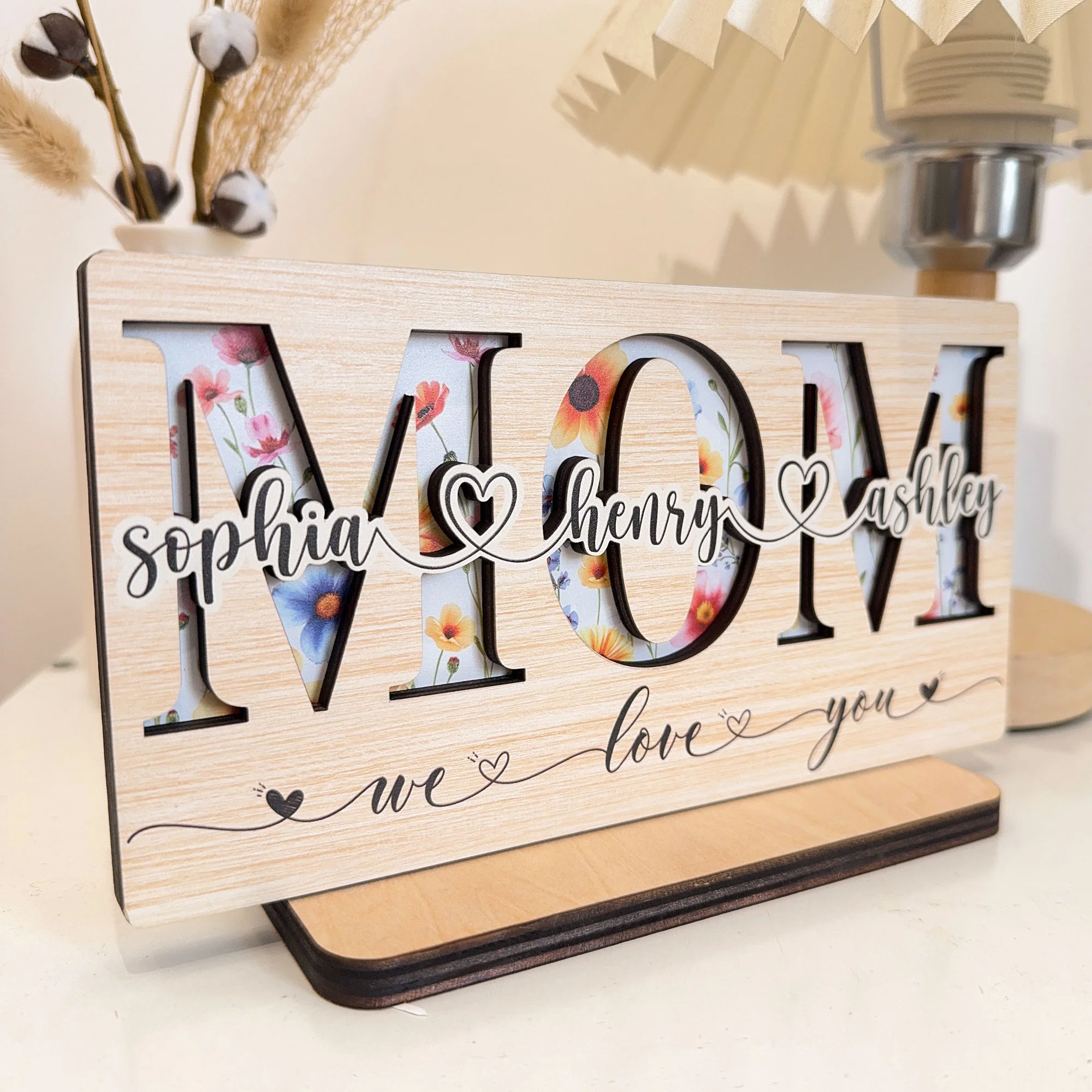 Mom, Grandma, Gigi Floral Sign With Kids' Names - Personalized Wooden Plaque - Image 2