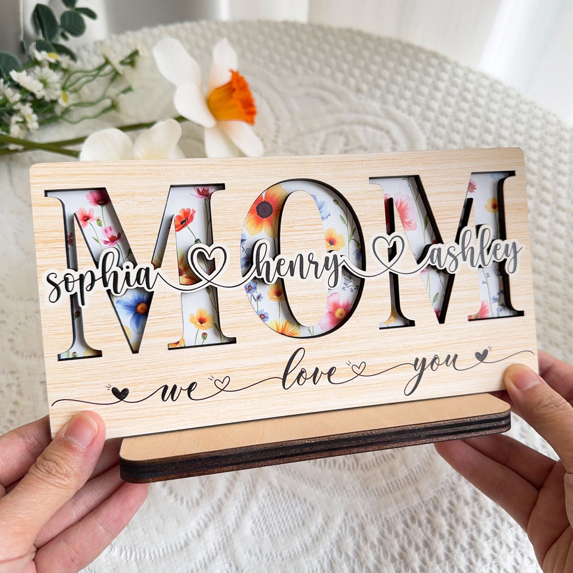 Mom, Grandma, Gigi Floral Sign With Kids' Names - Personalized Wooden Plaque - Image 3