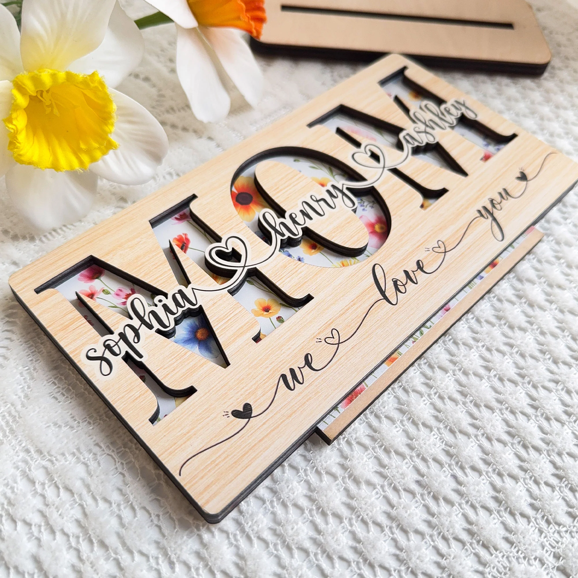 Mom, Grandma, Gigi Floral Sign With Kids' Names - Personalized Wooden Plaque - Image 4