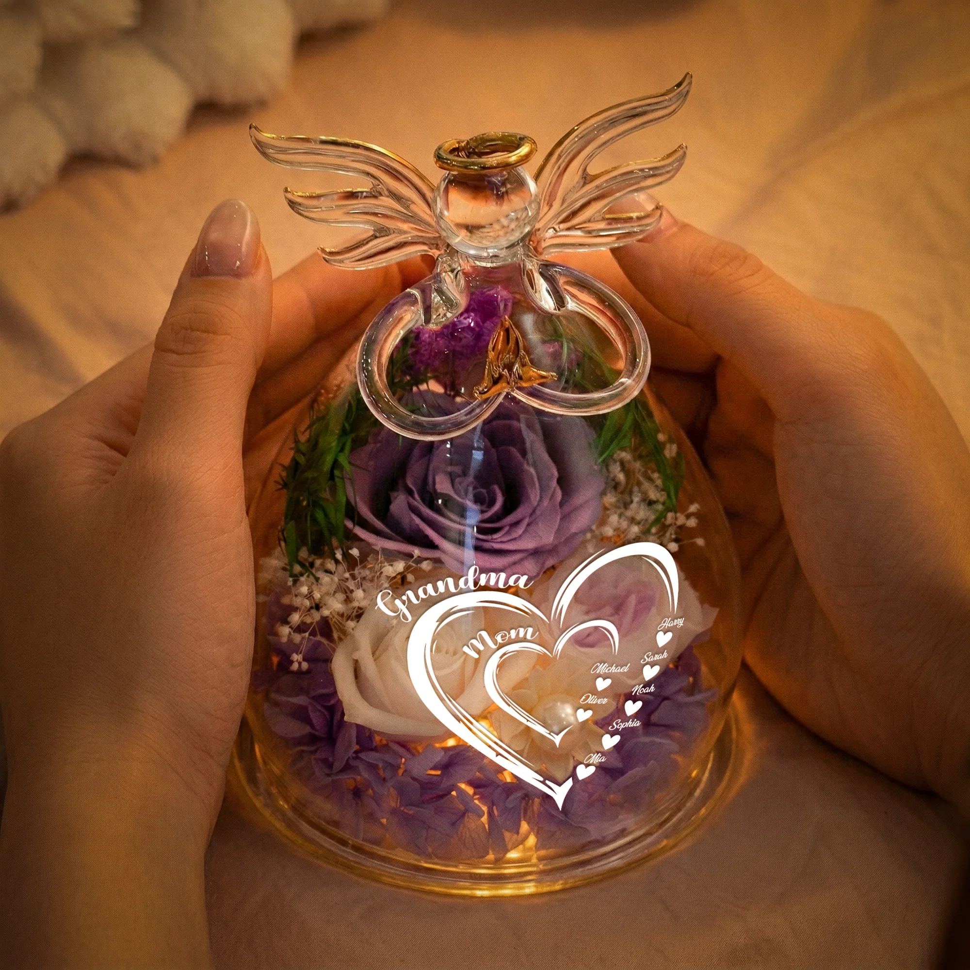 Mom Grandma Hearts Custom Kids' Names - Personalized Flower In Glass Angel Figurines - Image 3