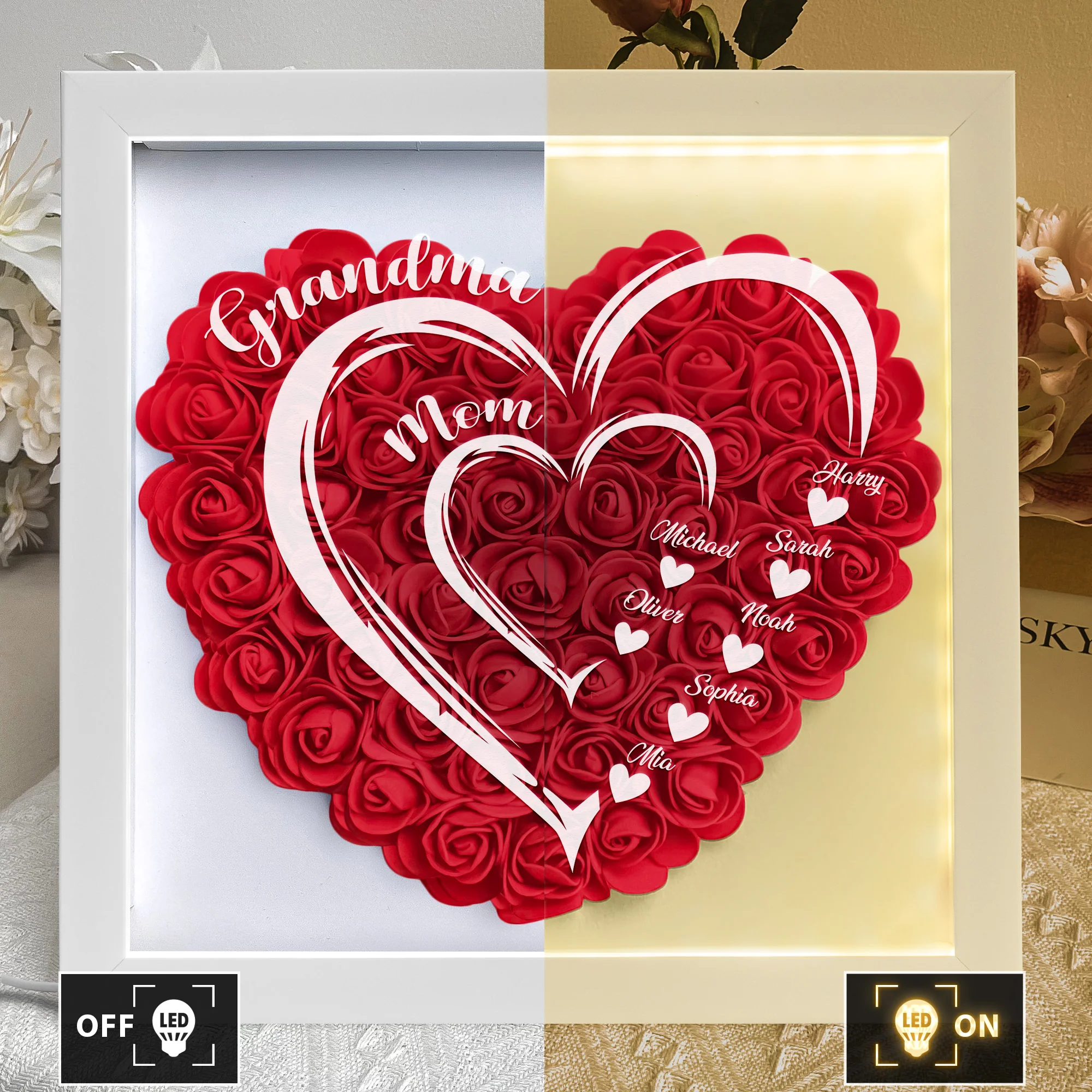 Mom Grandma Hearts Custom Kids' Names - Personalized Flower Shadow Box With LED Light - Image 3