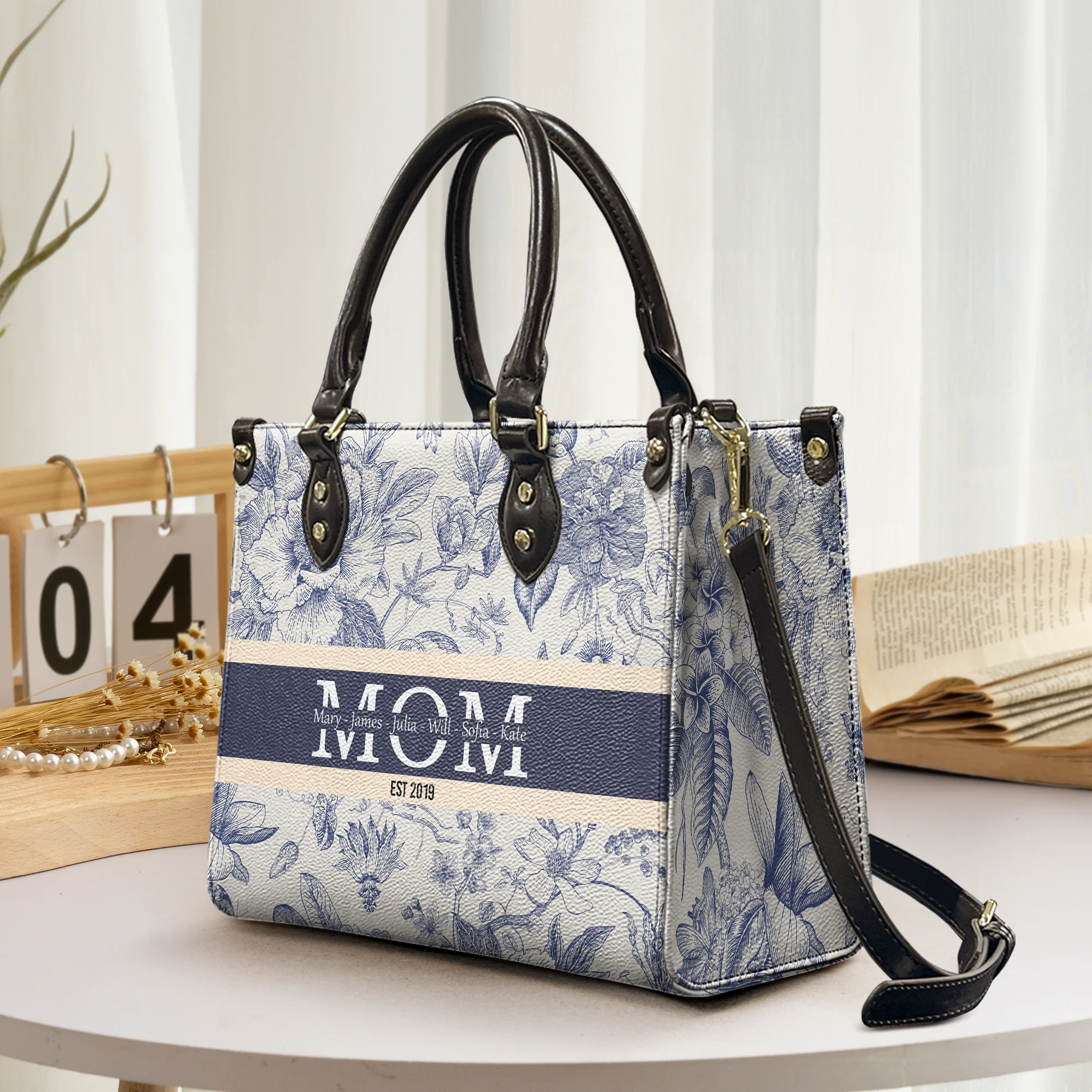 Mom Mama Grandma Gigi Nana Custom Kids Names Floral - Personalized Leather Bag - Image 2