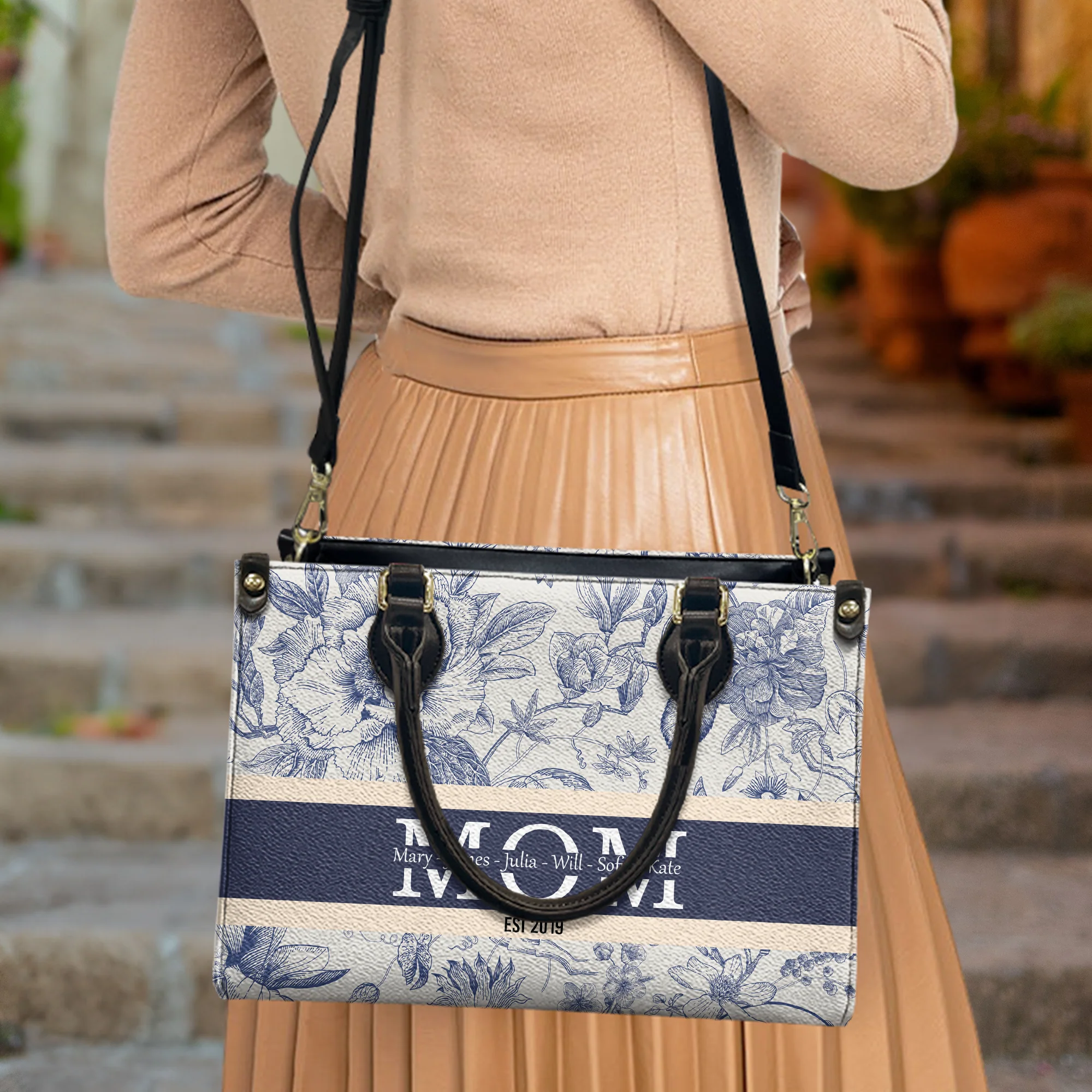Mom Mama Grandma Gigi Nana Custom Kids Names Floral - Personalized Leather Bag - Image 3