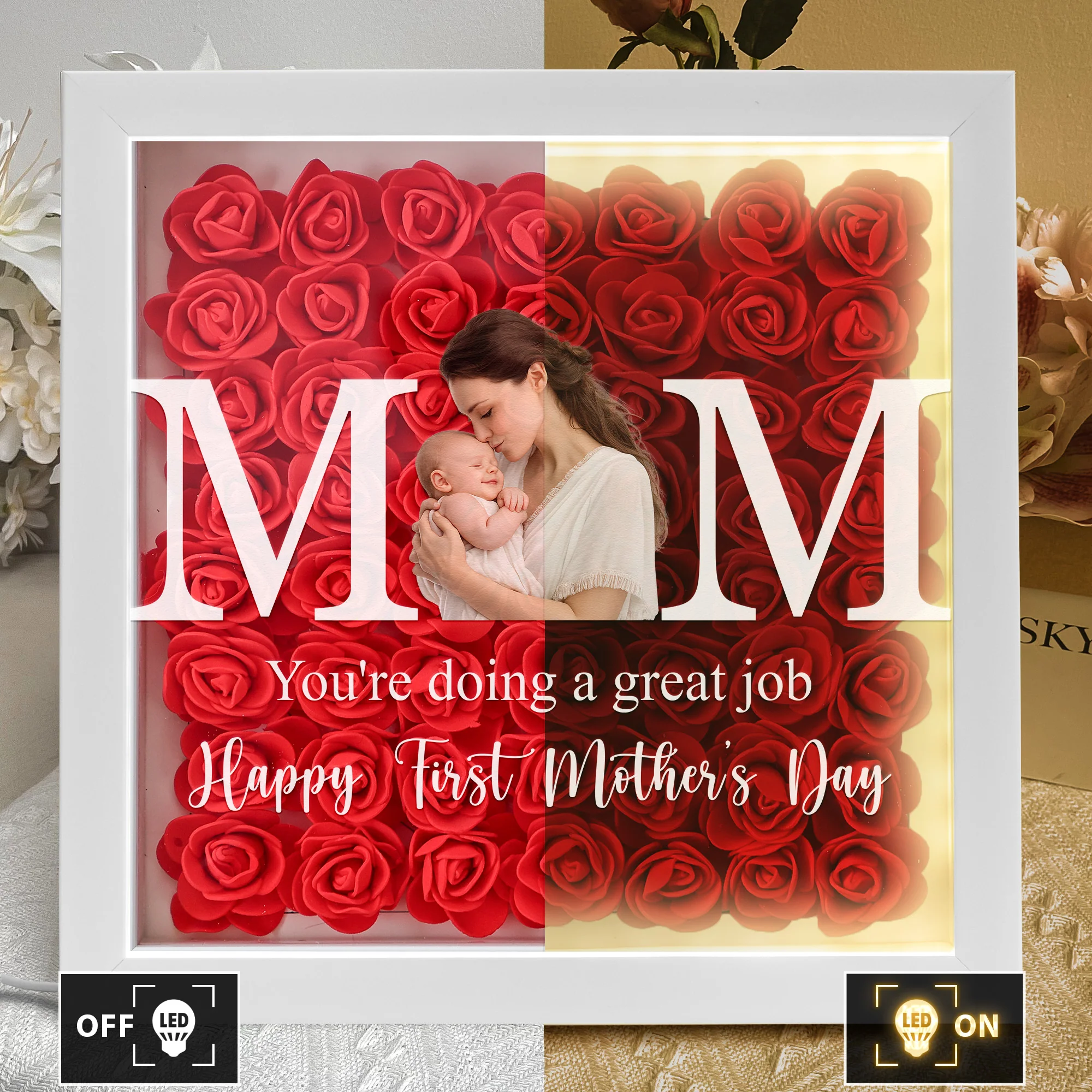 Mom, Mum, Mam - Mother's Day Gift, Happy 1st Mother's Day - Personalized Photo Flower Shadow Box With LED Light - Image 4