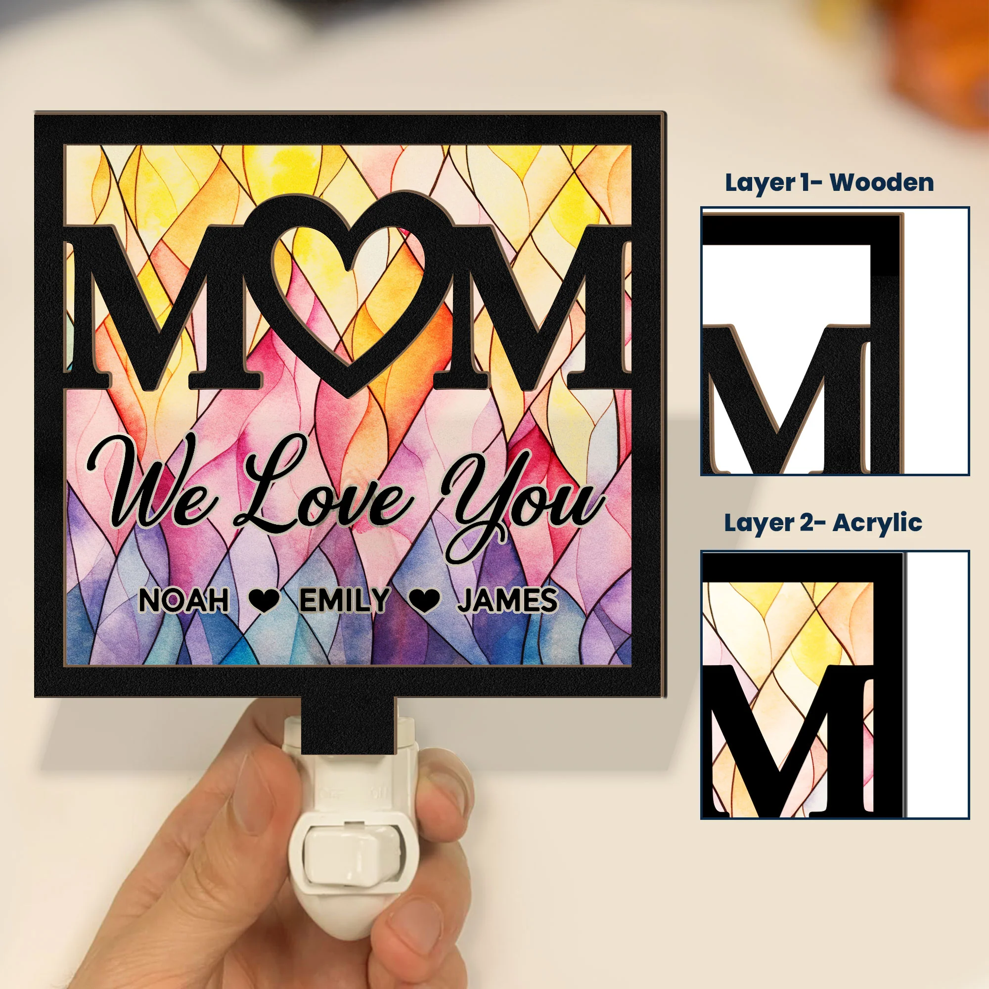 Mom We Love You - Personalized Wood And Acrylic Night Light - Image 2