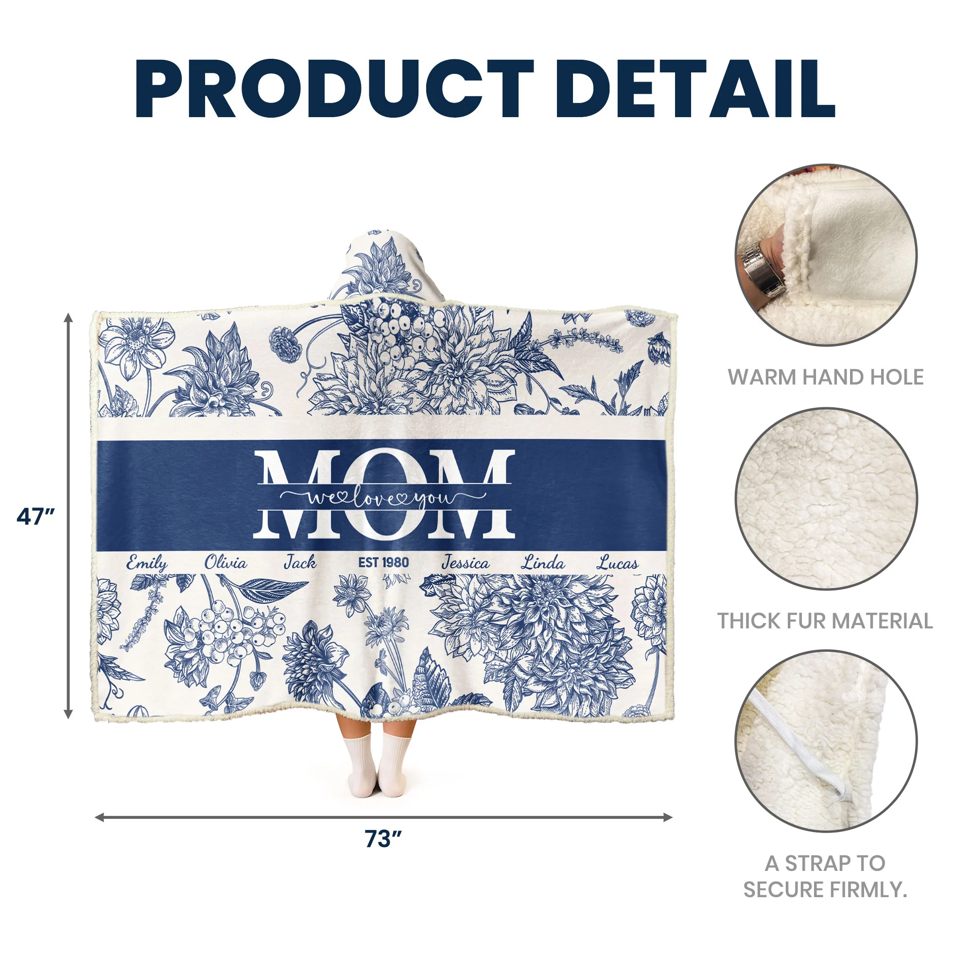 Mom We Love You Toile Floral - Personalized Wearable Blanket Hoodie - Image 5