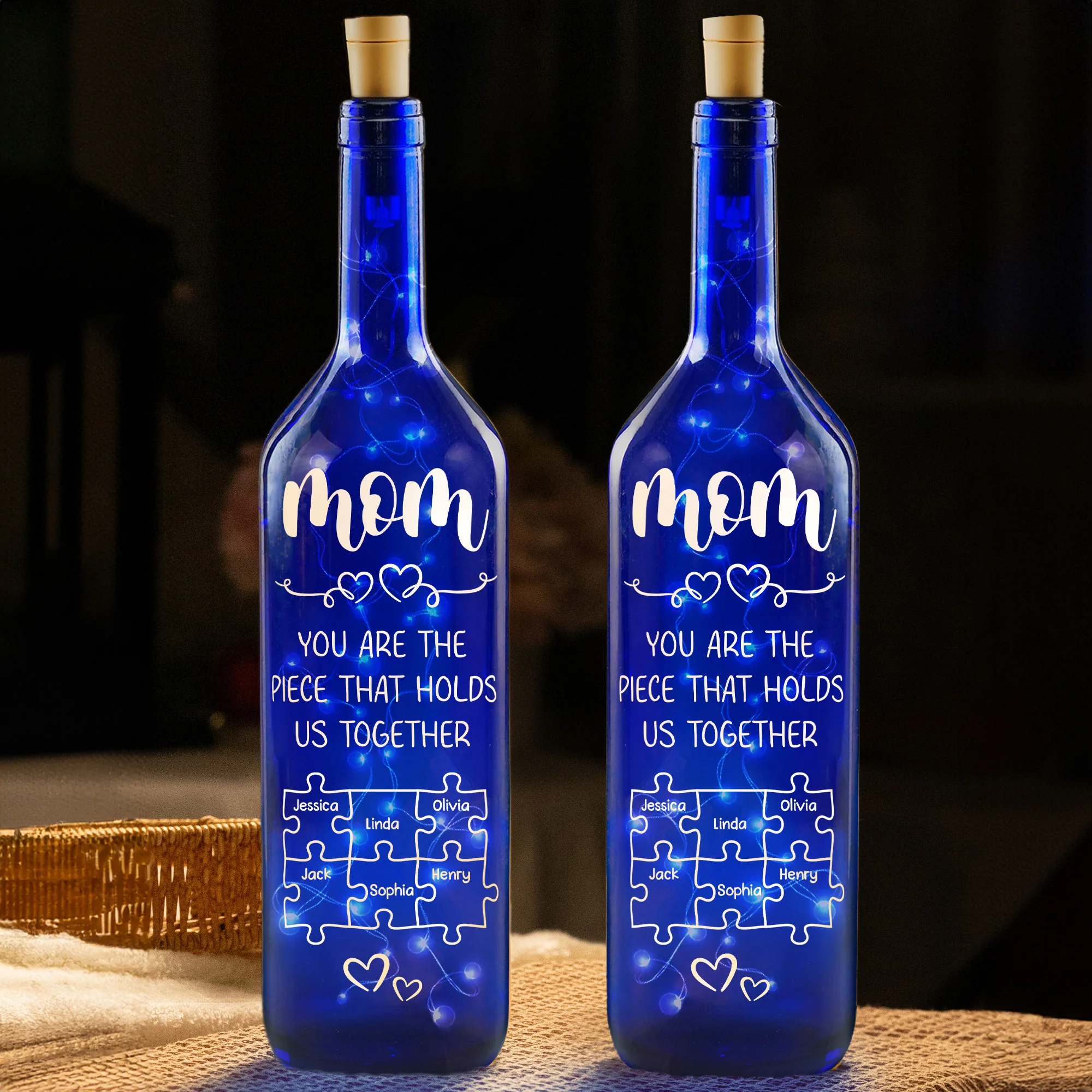 Mom You Are The Piece That Holds Us Together - Personalized Blue Bottle Lamp