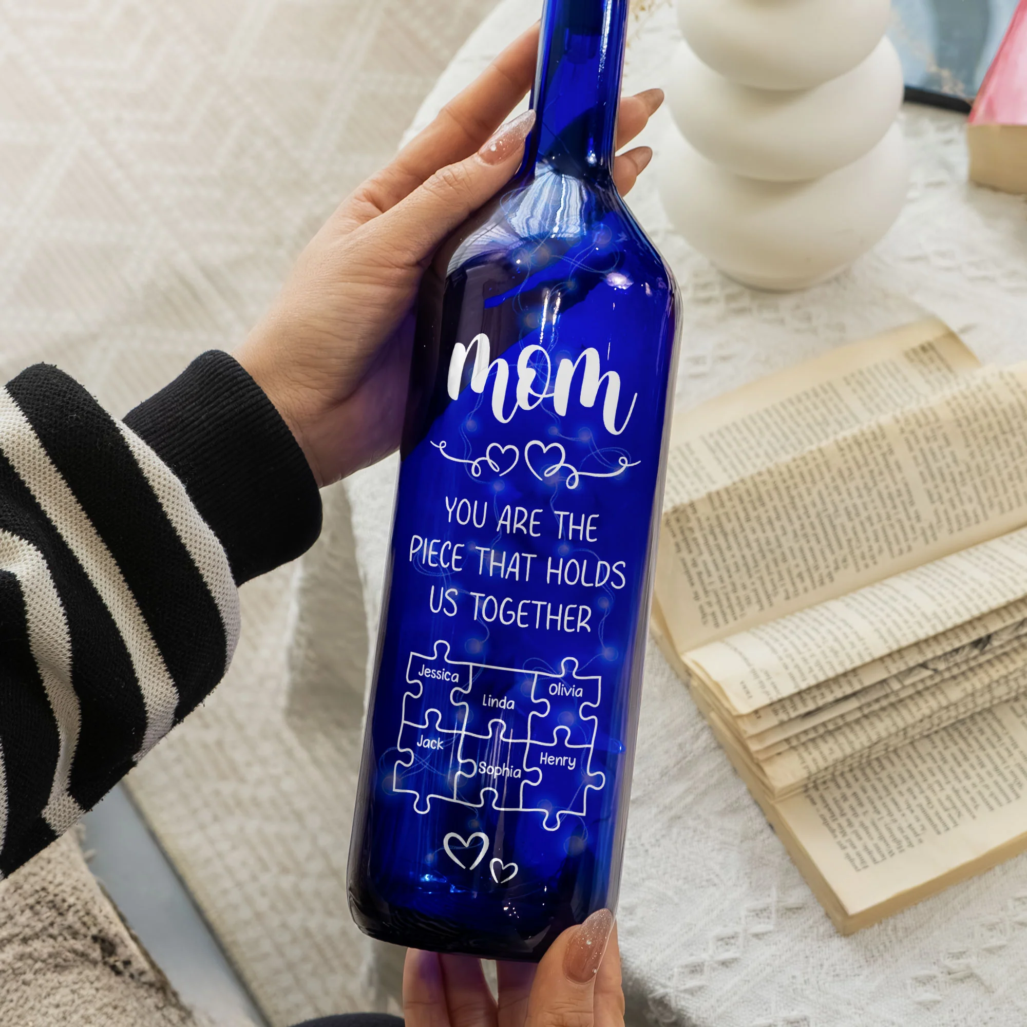 Mom You Are The Piece That Holds Us Together - Personalized Blue Bottle Lamp - Image 2