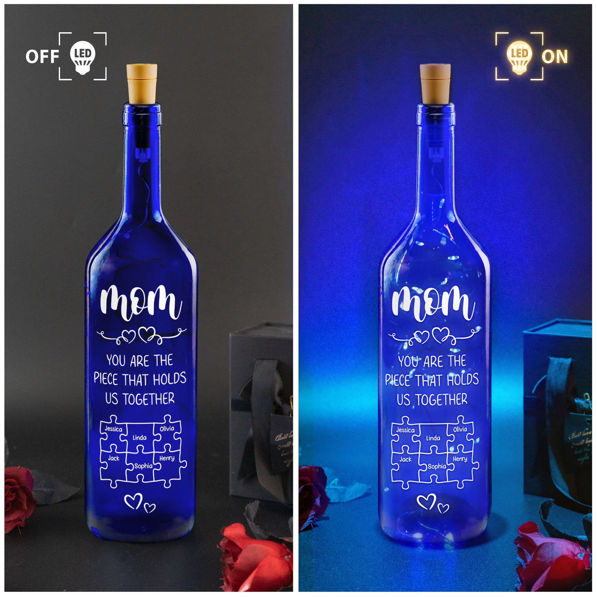 Mom You Are The Piece That Holds Us Together - Personalized Blue Bottle Lamp - Image 3