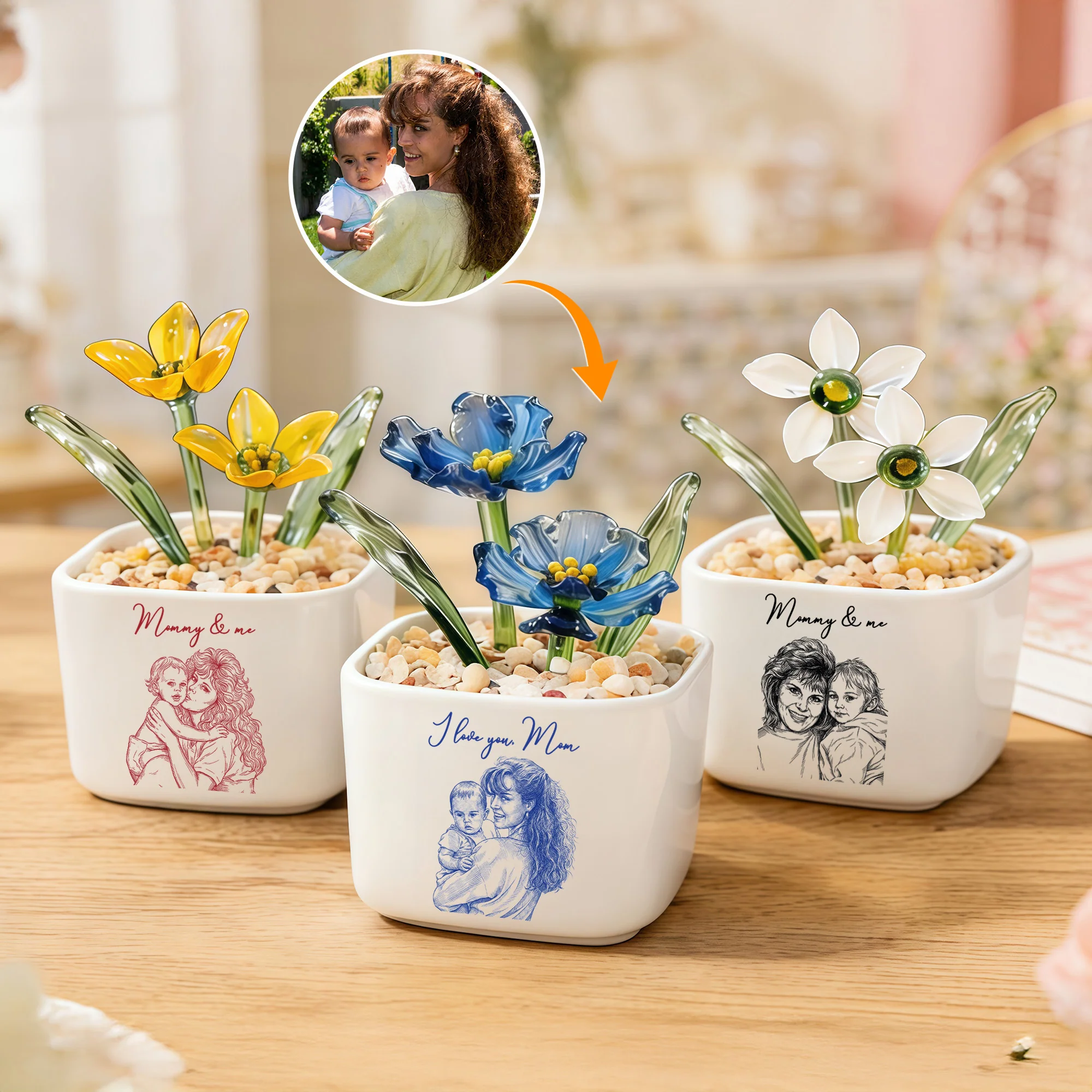 Mommy & Me Gift For Mom, Wife, Grandma Custom Glass Birth Flower - Personalized Plant Pot