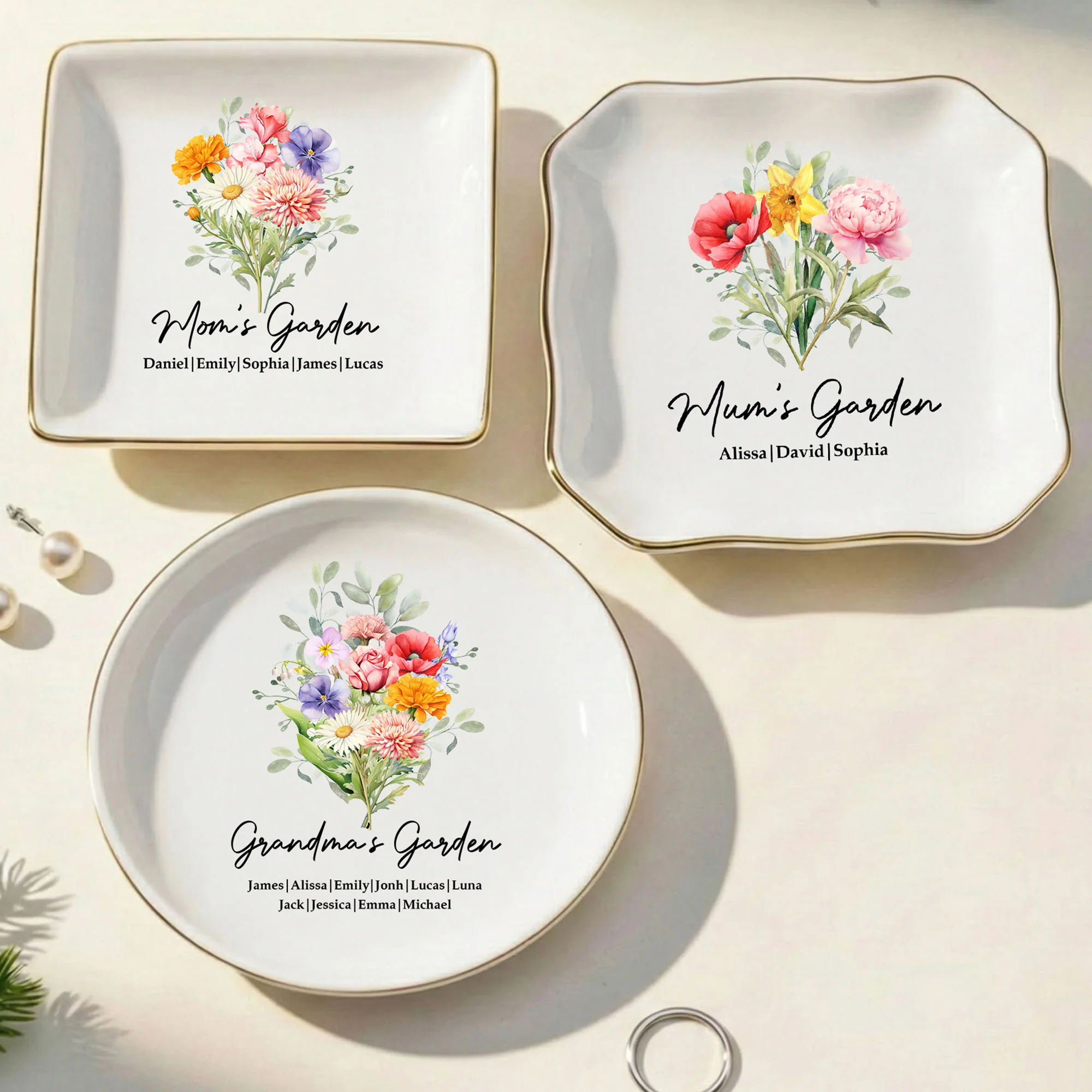 Mom's Garden Custom Kids' Birth Flowers - Mother's Day Gift For Mom, Mum, Grandma - Personalized Jewelry Dish - Image 2