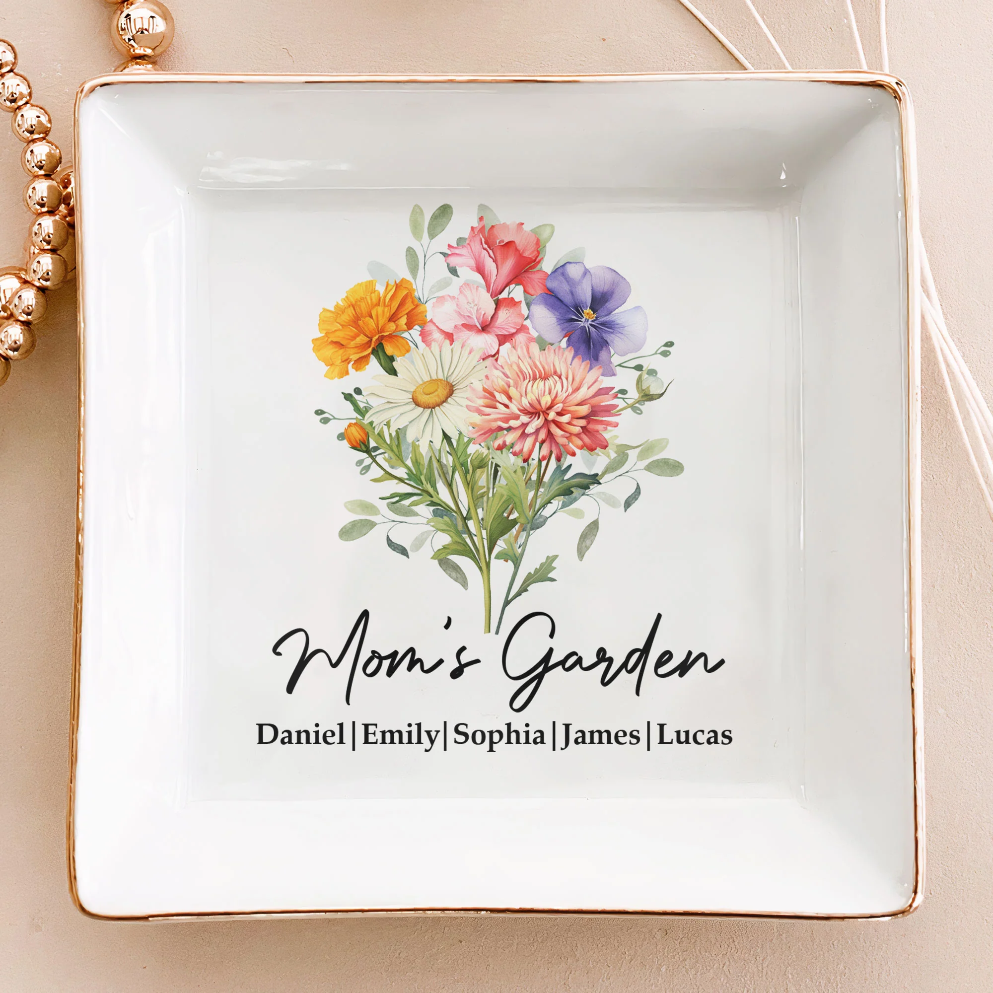 Mom's Garden Custom Kids' Birth Flowers - Mother's Day Gift For Mom, Mum, Grandma - Personalized Jewelry Dish - Image 3