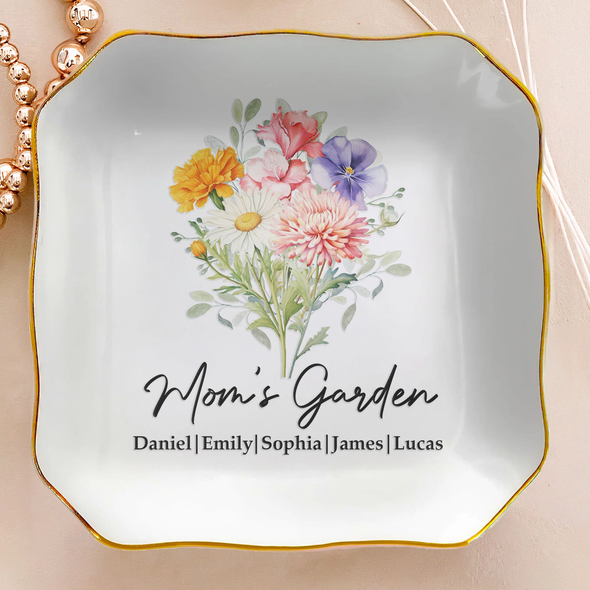 Mom's Garden Custom Kids' Birth Flowers - Mother's Day Gift For Mom, Mum, Grandma - Personalized Jewelry Dish - Image 4