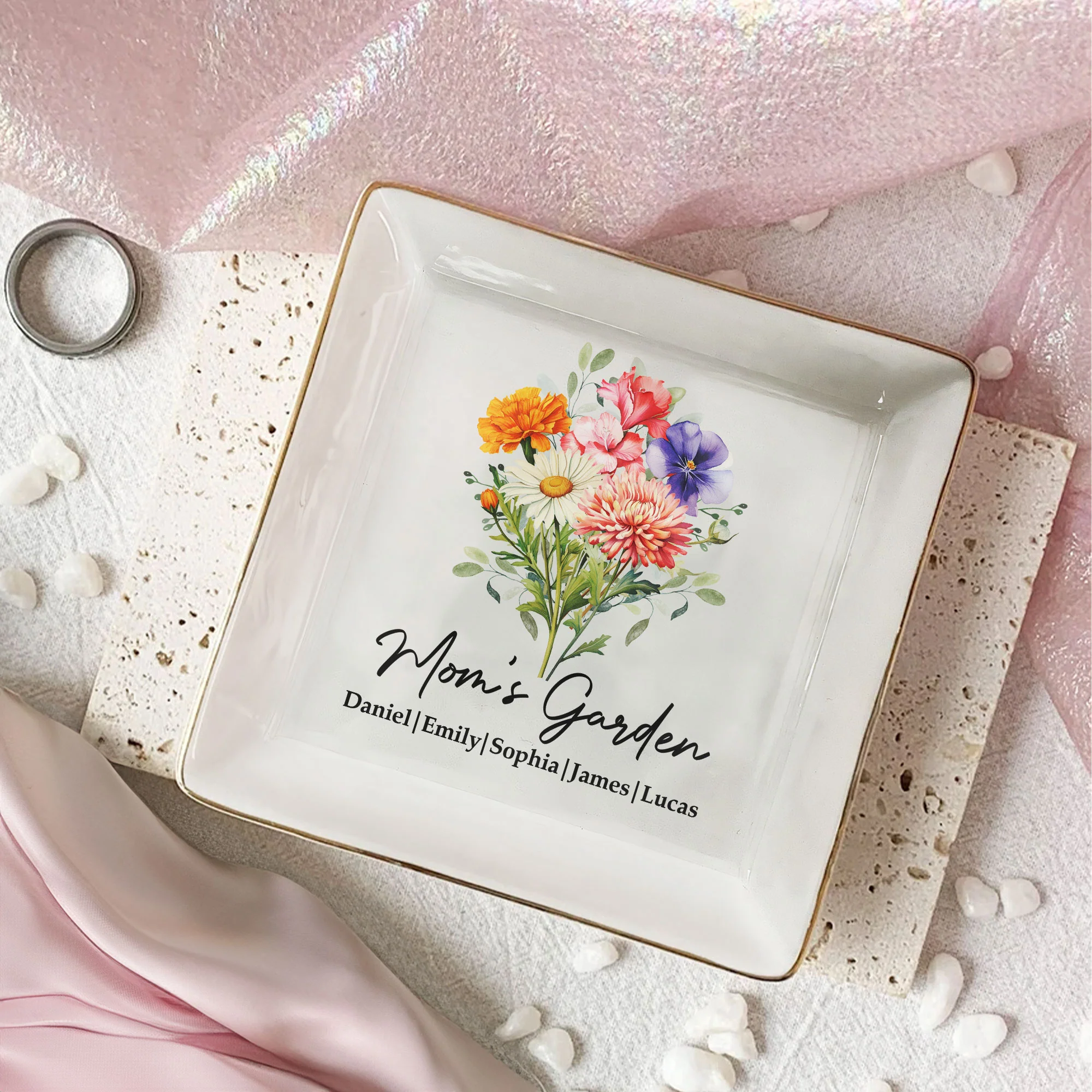 Mom's Garden Custom Kids' Birth Flowers - Mother's Day Gift For Mom, Mum, Grandma - Personalized Jewelry Dish - Image 6