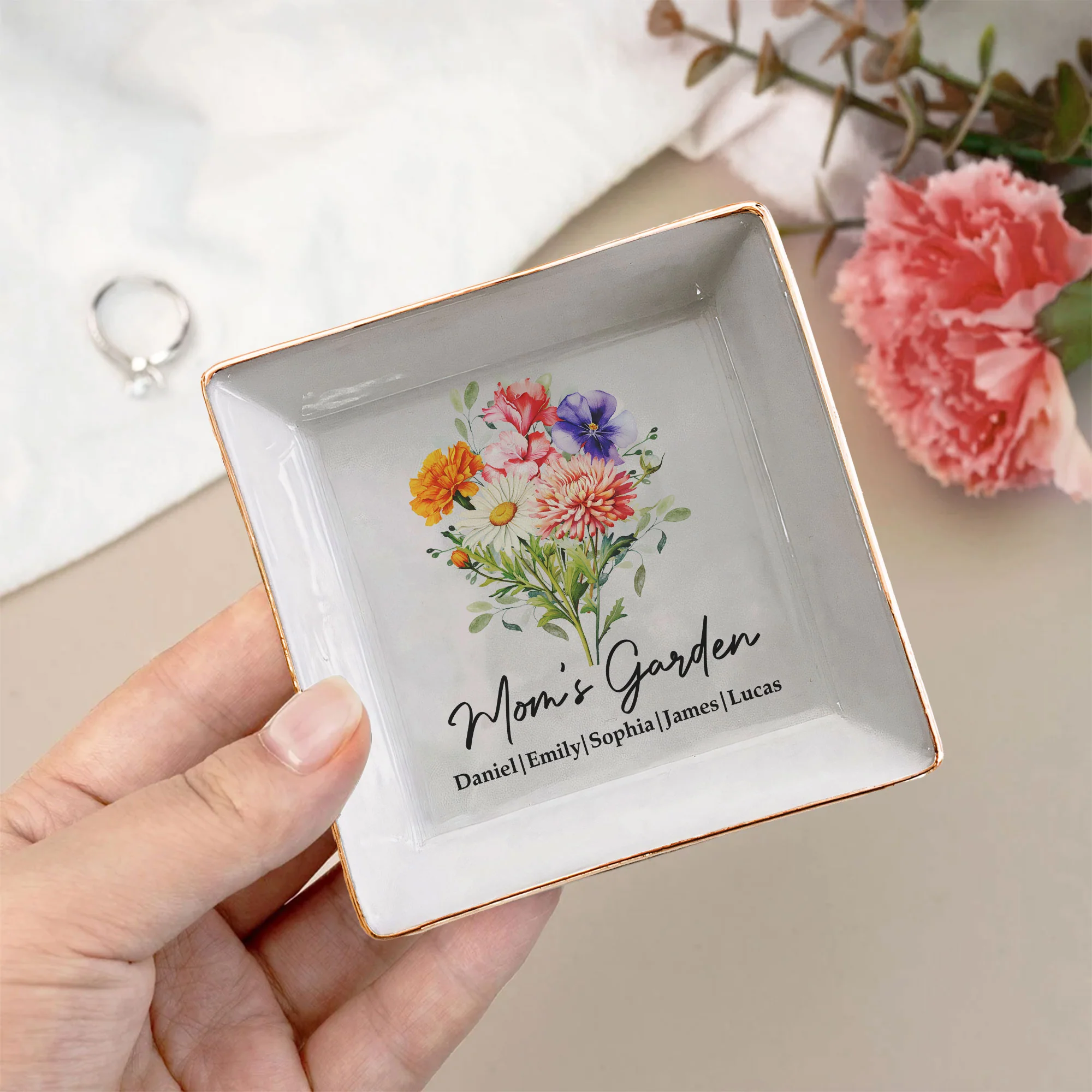 Mom's Garden Custom Kids' Birth Flowers - Mother's Day Gift For Mom, Mum, Grandma - Personalized Jewelry Dish - Image 7