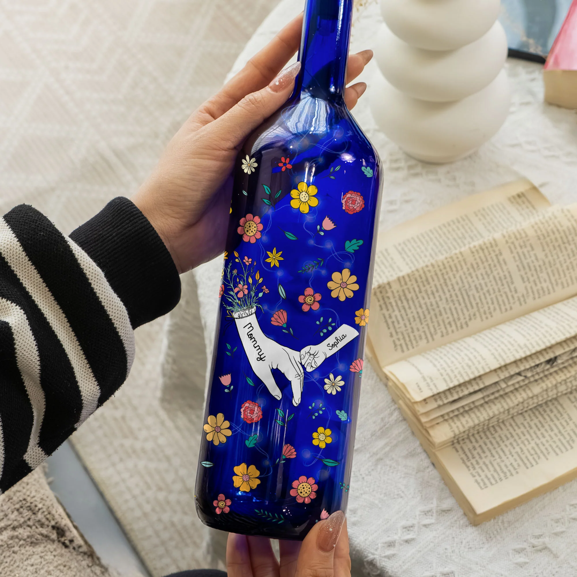 Mom's Hand - Personalized Blue Bottle Lamp - Image 2