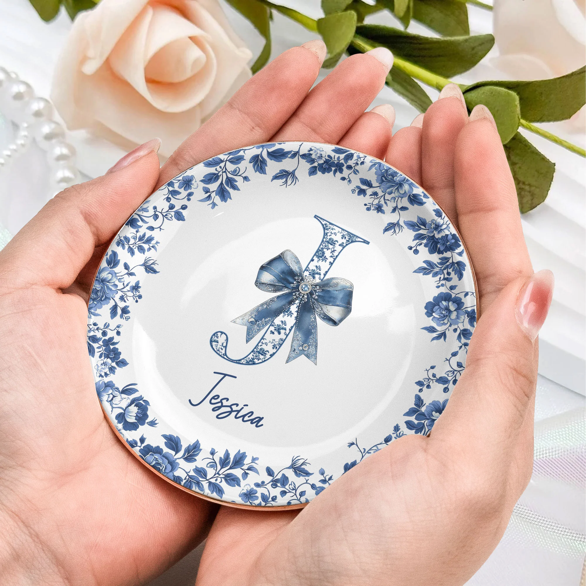 Monogram Letter Custom Name Chinoiserie Toile De Jouy - Personalized Jewelry Dish - Image 4