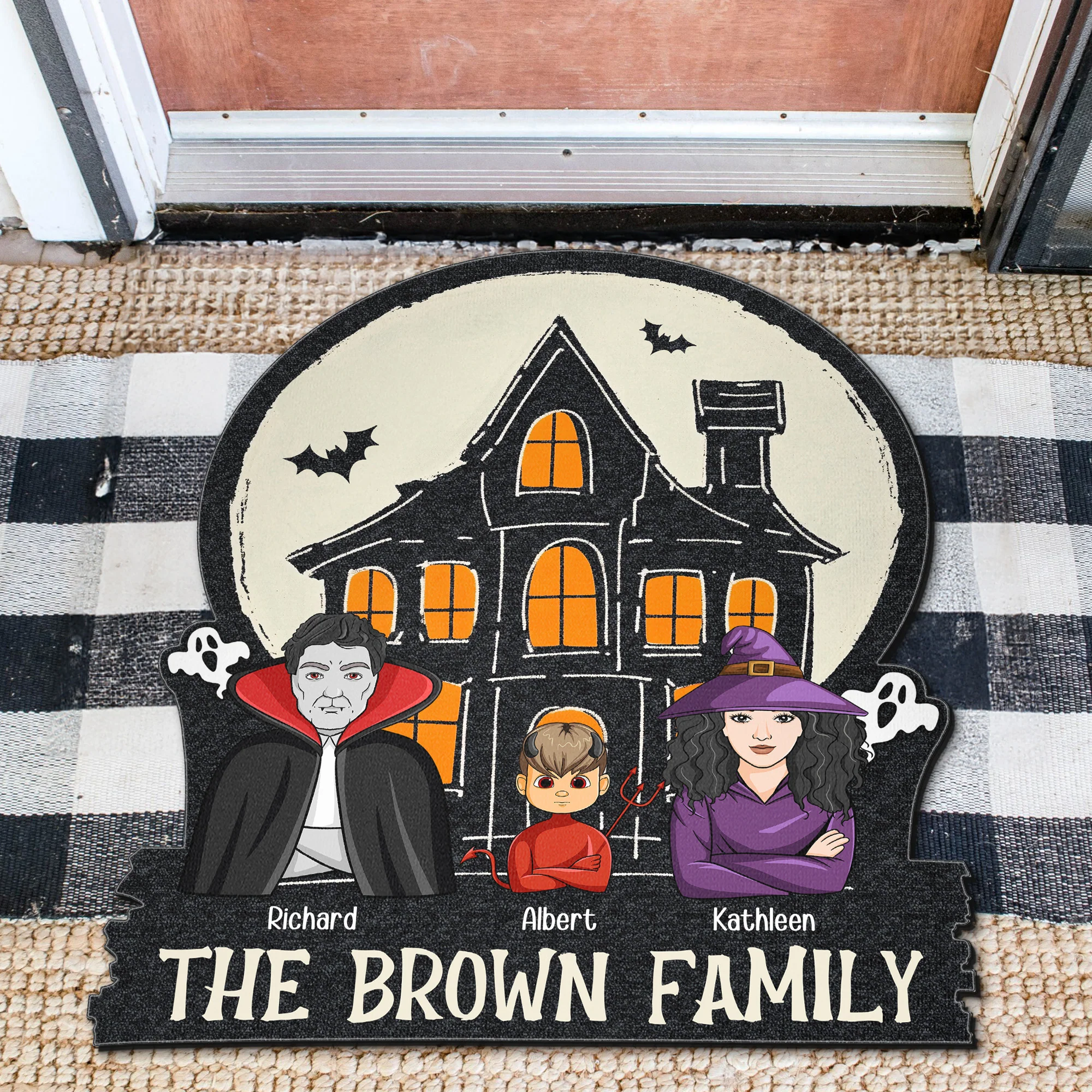 Monster Family In Halloween Haunted House - Personalized Doormat - Image 3