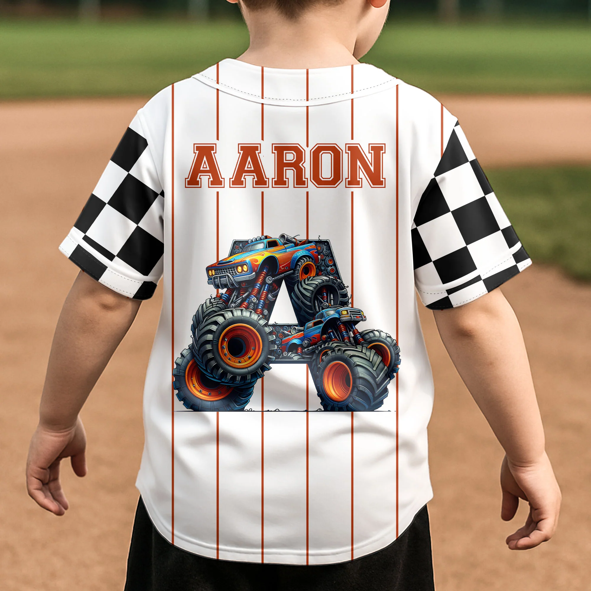 Monster Truck Alphabet Letters - Personalized Kids Baseball Jersey - Image 4