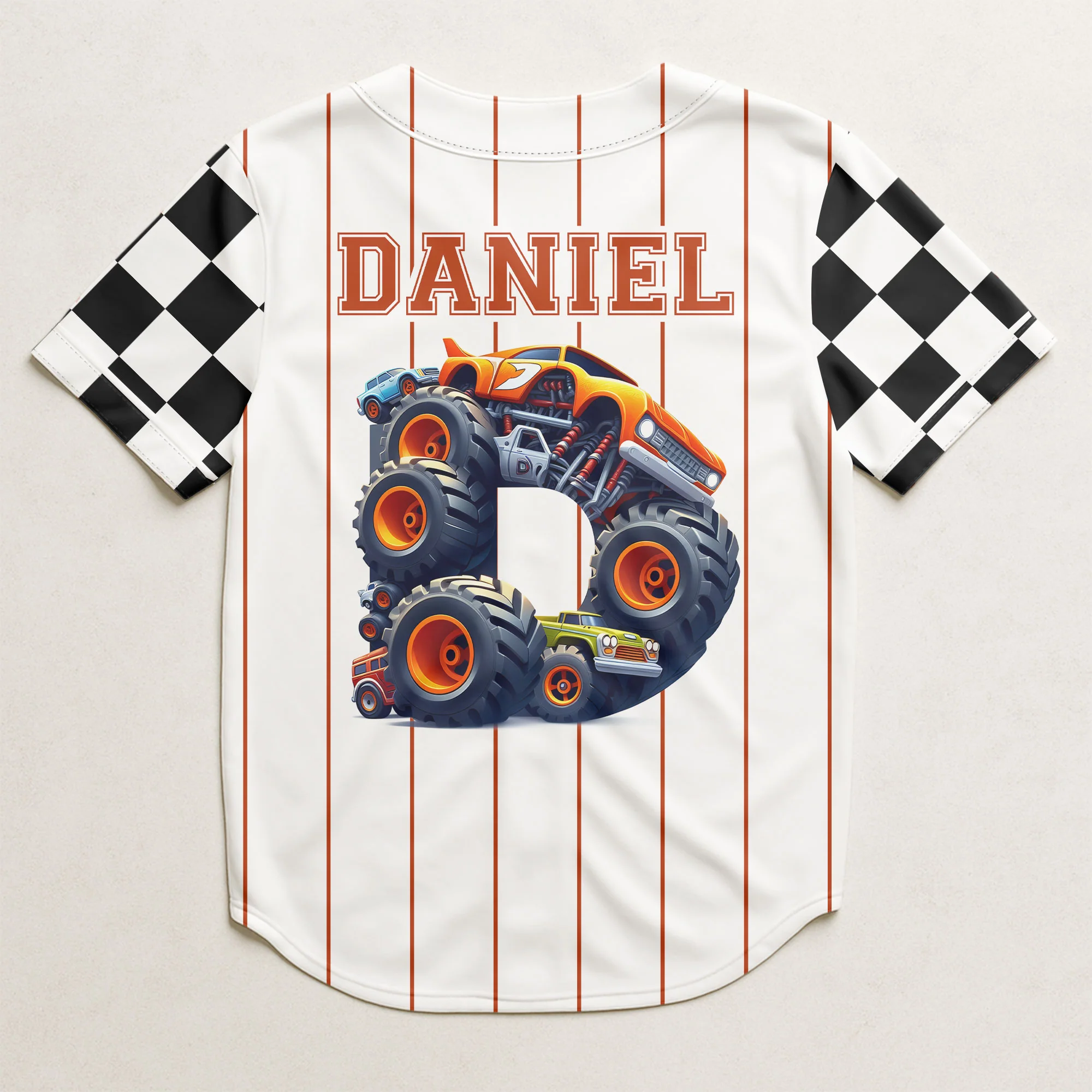 Monster Truck Alphabet Letters - Personalized Kids Baseball Jersey - Image 5