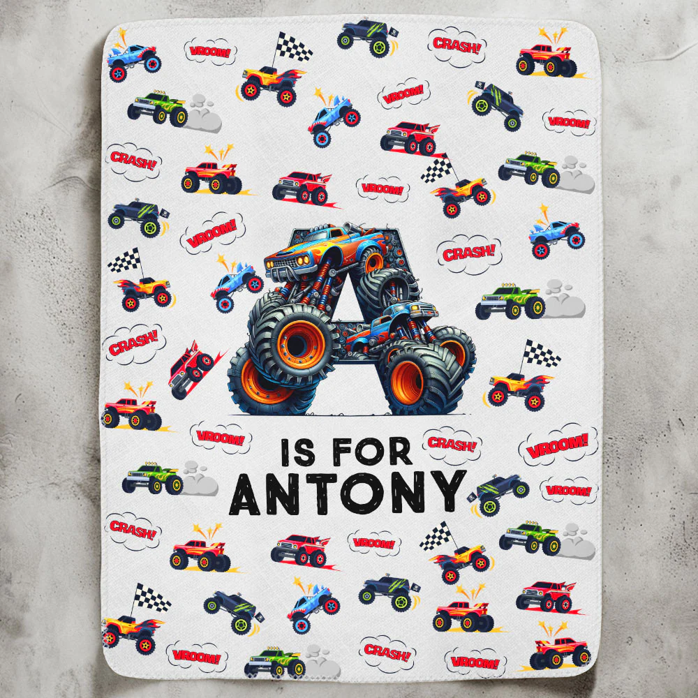 Monster Truck, Unicorn, Astronaut Letter - Personalized Blanket - Image 2