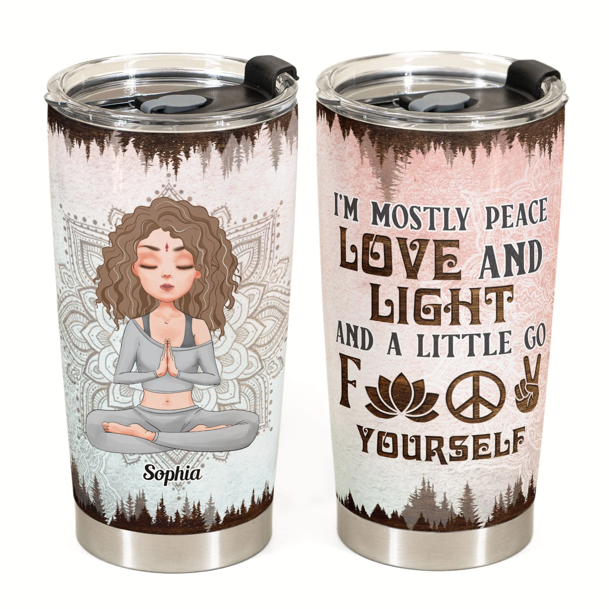 Mostly Peace Love And Light - Personalized Tumbler Cup - Gift For Yoga Lover - Yoga Girl Illustration - Image 3