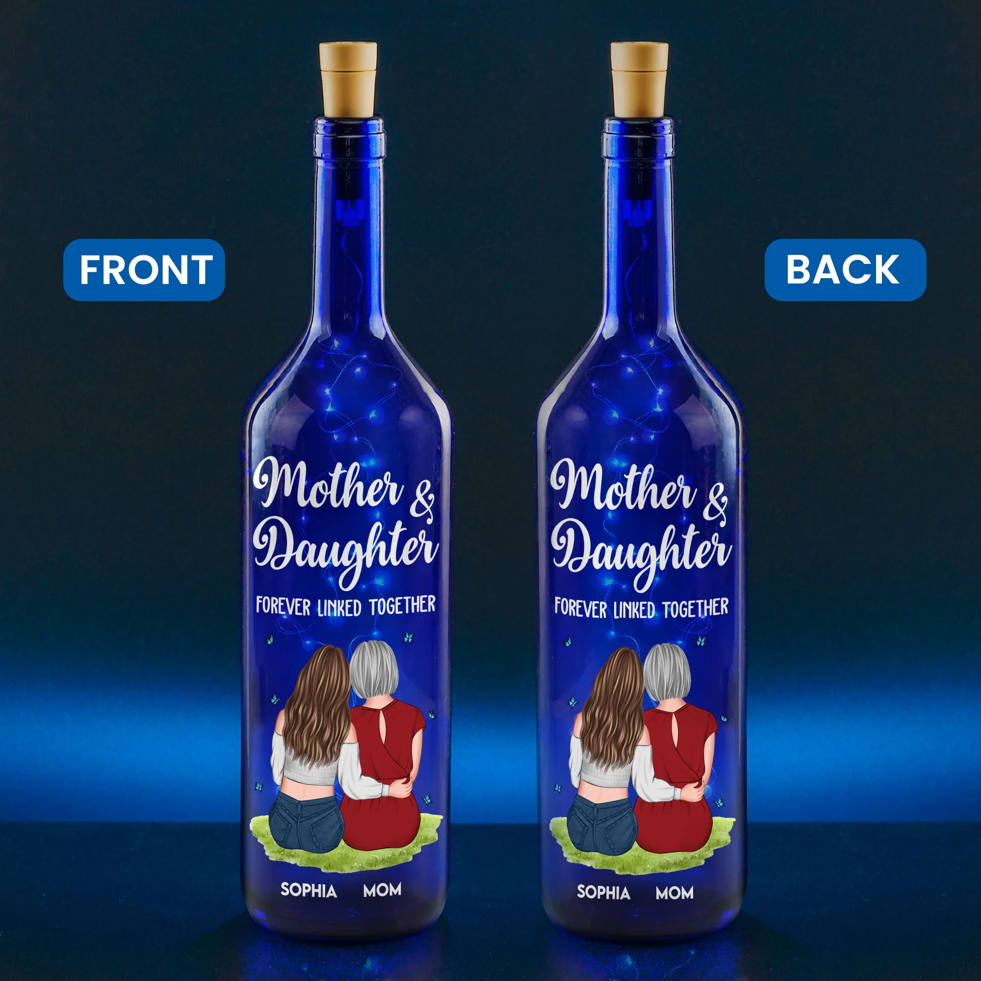 Mother And Daughter Forever Linked Together - Personalized Blue Bottle Lamp - Image 4
