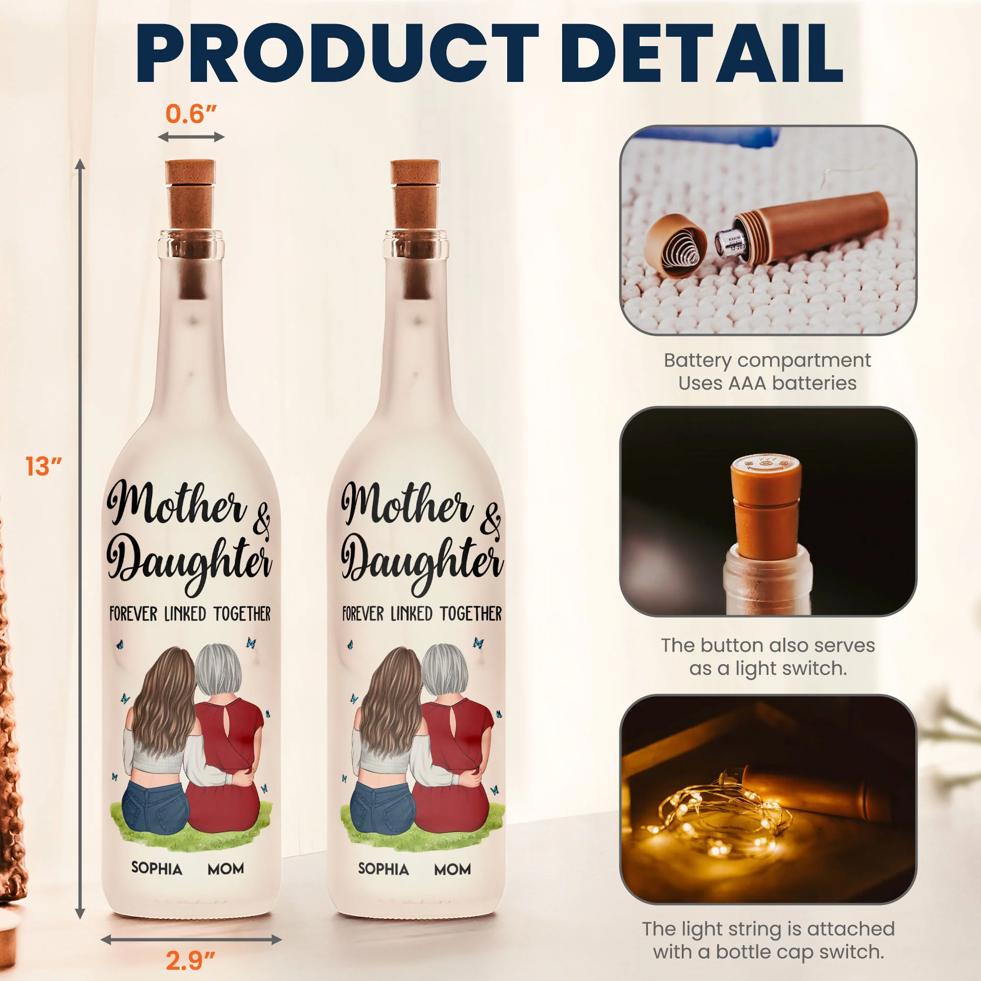Mother And Daughter Forever Linked Together - Personalized Bottle Lamp - Gift For Mom - Image 4
