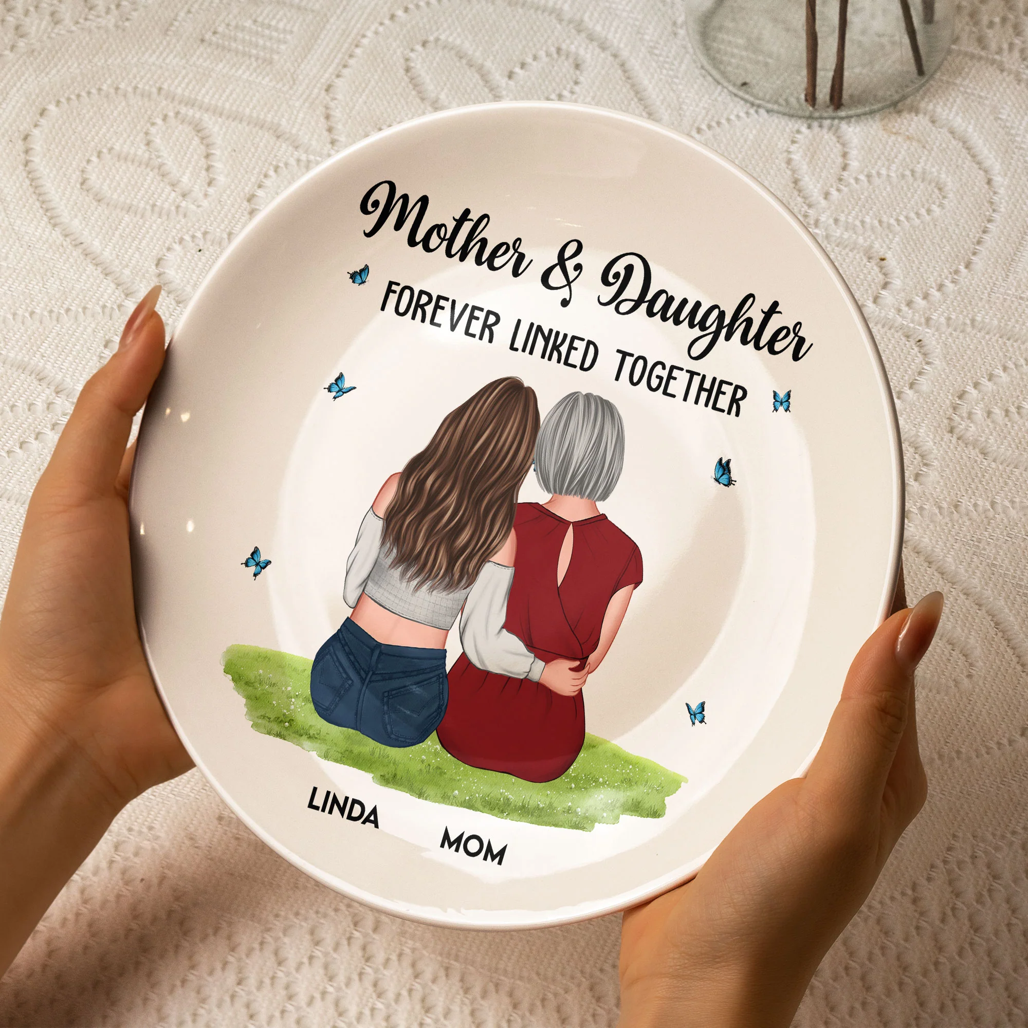 Mother And Daughter Forever Linked Together - Personalized Ceramic Plate - Image 3