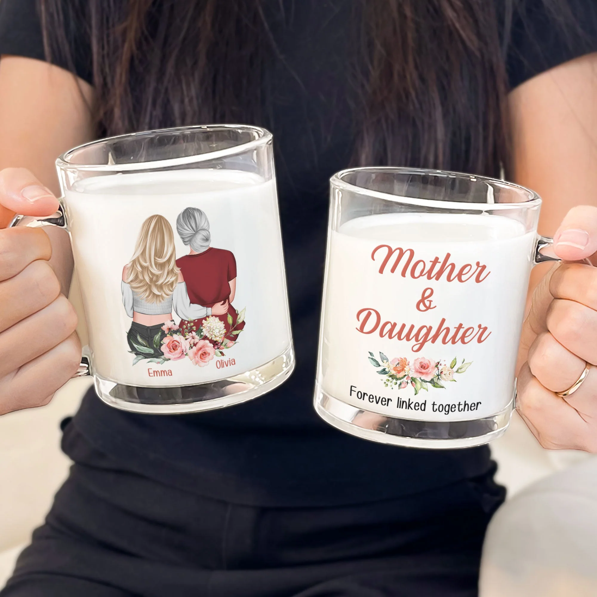 Mother And Daughter Forever Linked Together - Personalized Glass Mug - Image 3