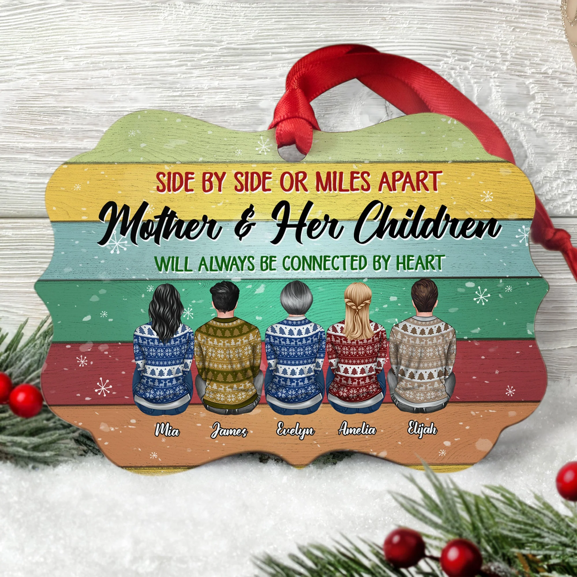 Mother And Her Children Will Always Be Connected By Heart - Personalized Aluminum Ornament - Christmas Gift For Mom, Mother, Mama - Ugly Christmas Sweater Sitting - Image 2