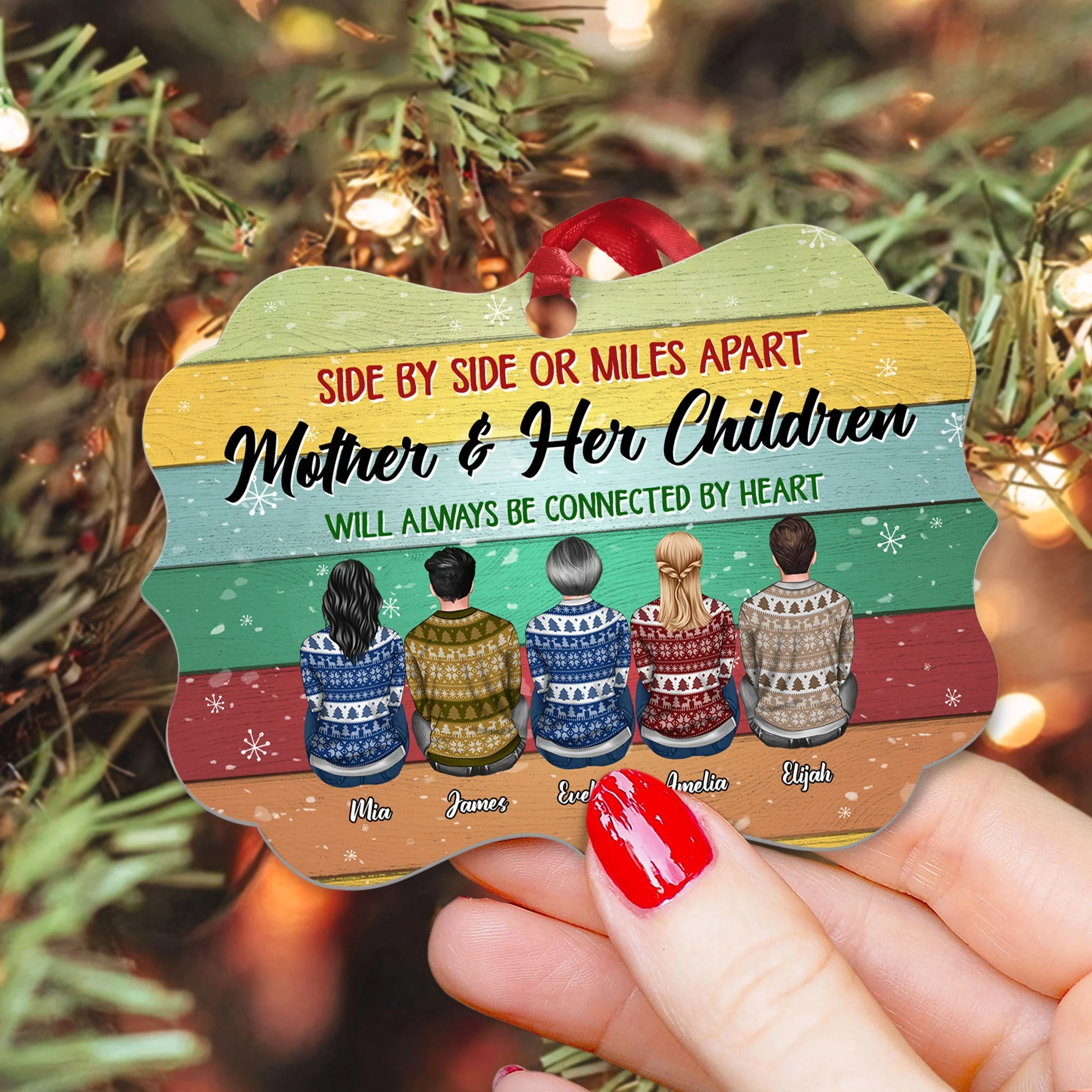 Mother And Her Children Will Always Be Connected By Heart - Personalized Aluminum Ornament - Christmas Gift For Mom, Mother, Mama - Ugly Christmas Sweater Sitting - Image 3