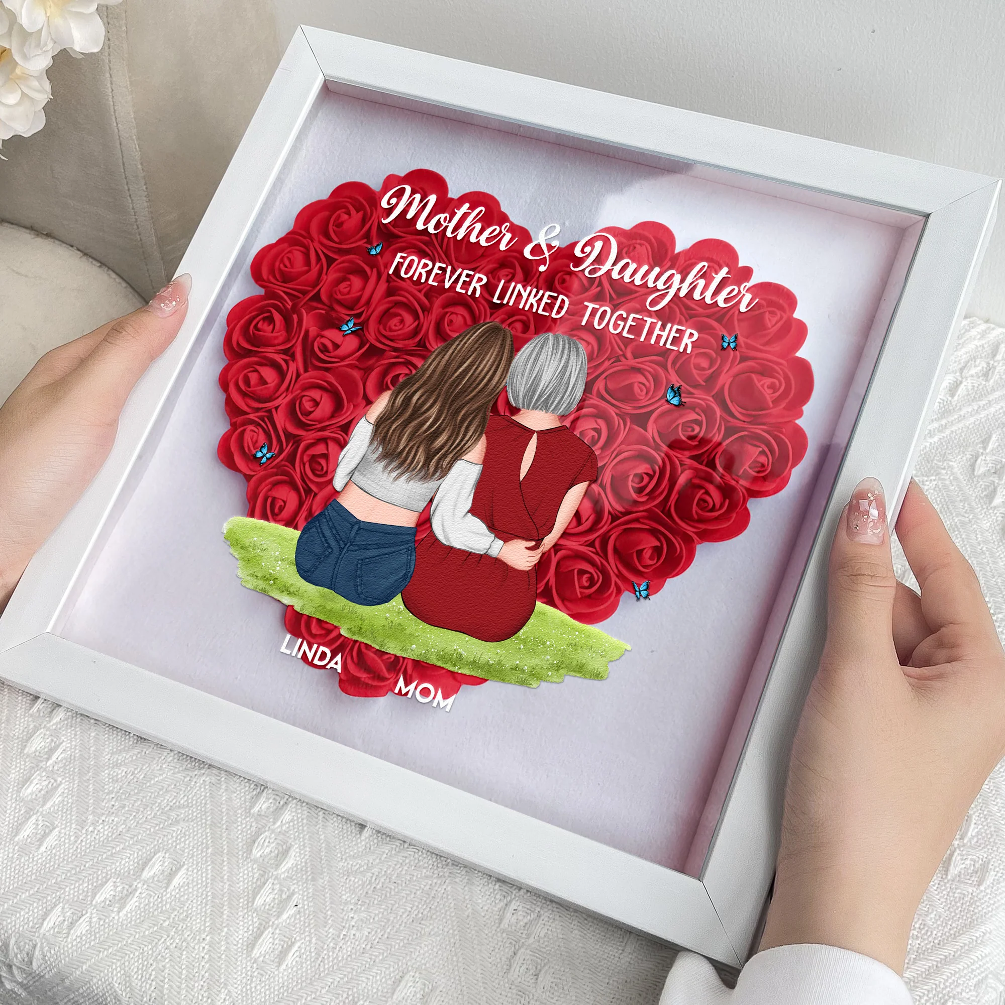 Mother & Daughter Forever Linked Together - Personalized Flower Shadow Box - Image 2