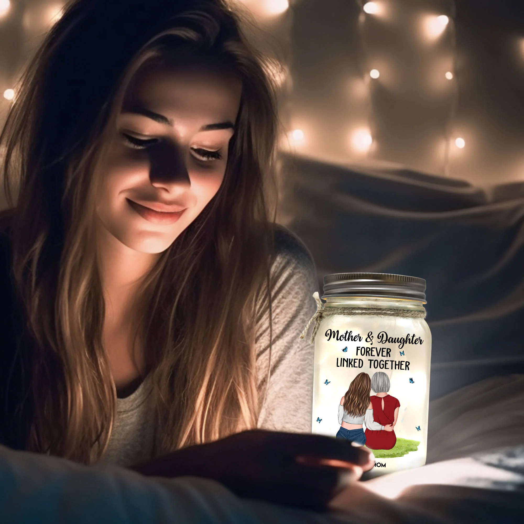 Mother & Daughter Forever Linked Together - Personalized Mason Jar Light - Image 5