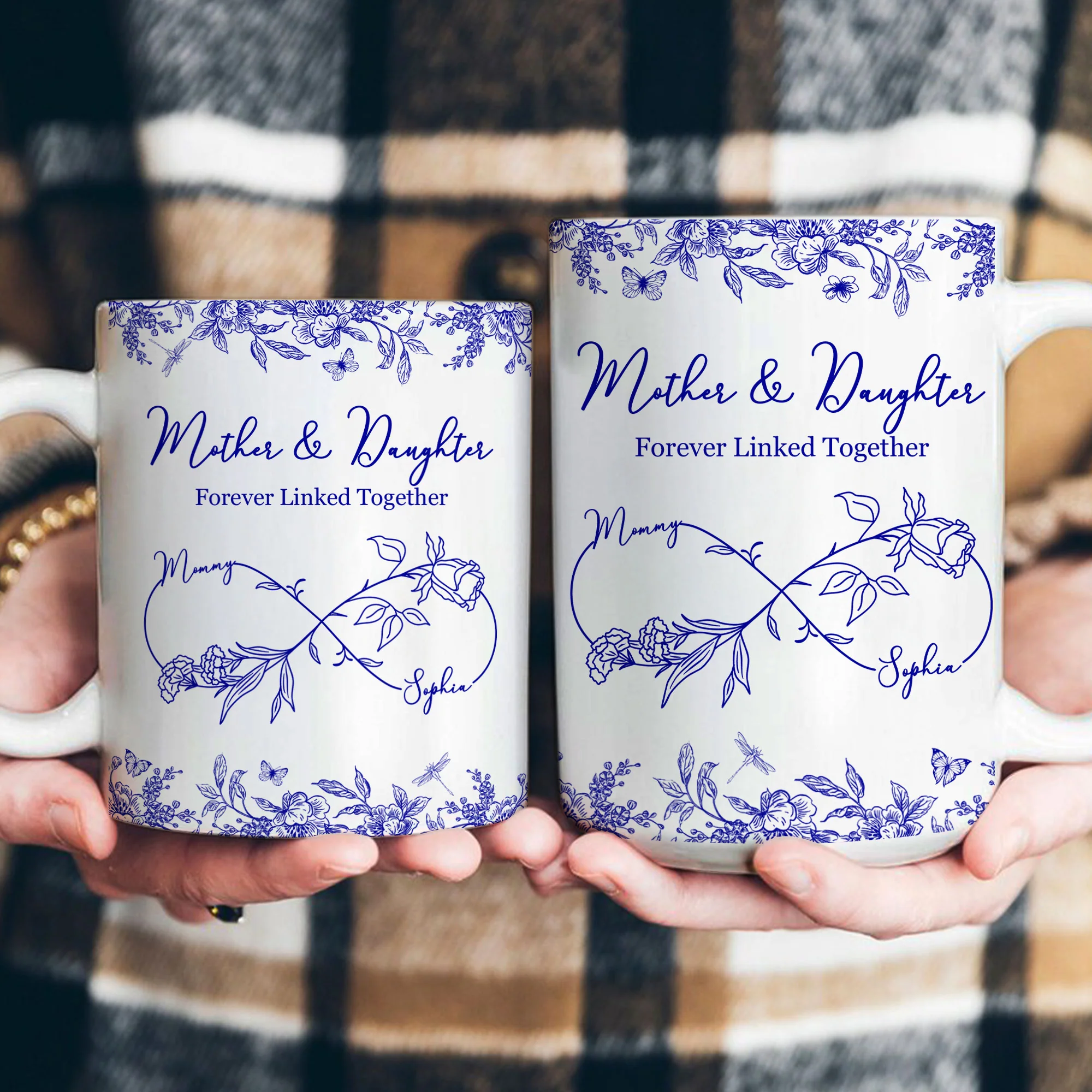Mother Daughter Forever Linked Together Toile De Jouy Birth Flower - Personalized Mug - Image 4