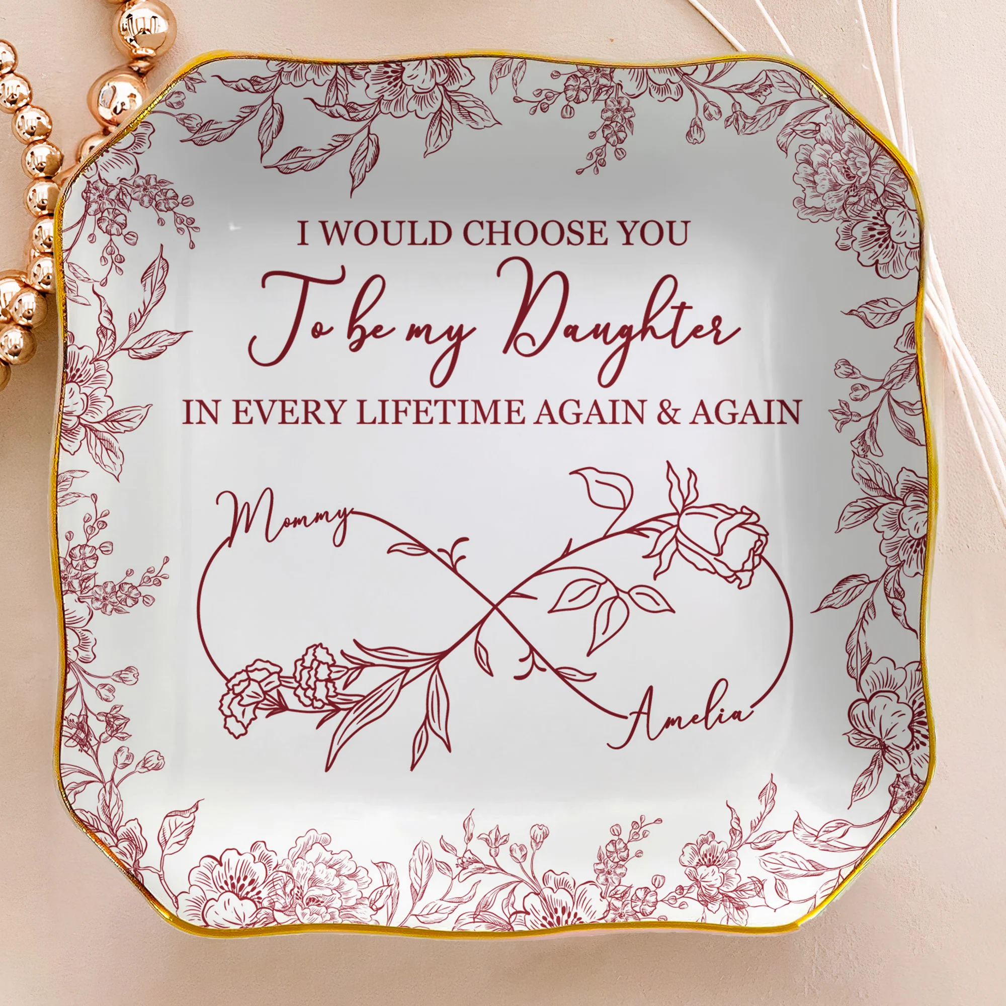 Mother & Daughter Forever Linked Together Toile De Jouy - Personalized Jewelry Dish - Image 4