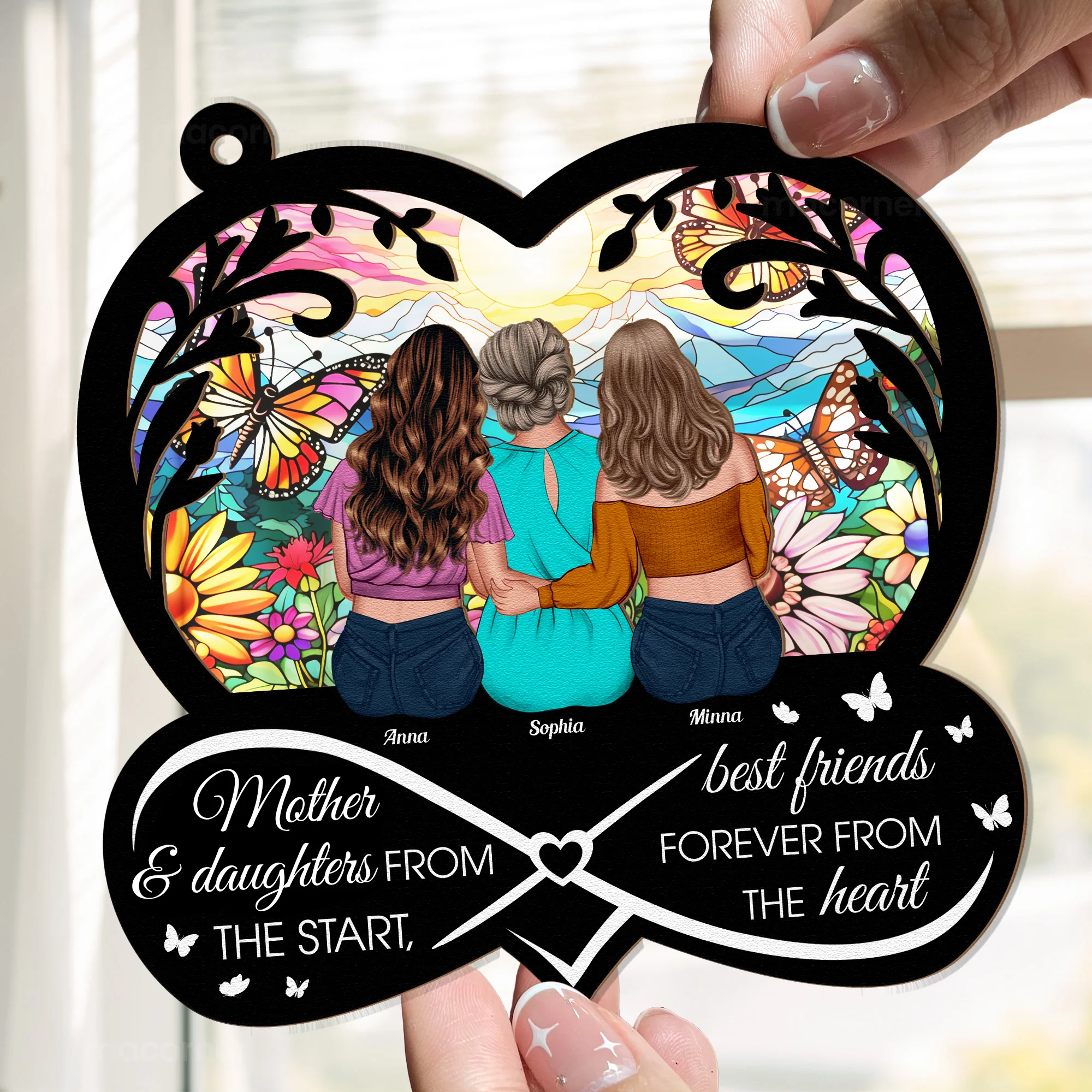 Mother & Daughters, Best Friends Forever From The Heart - Personalized Window Hanging Suncatcher Ornament - Image 2