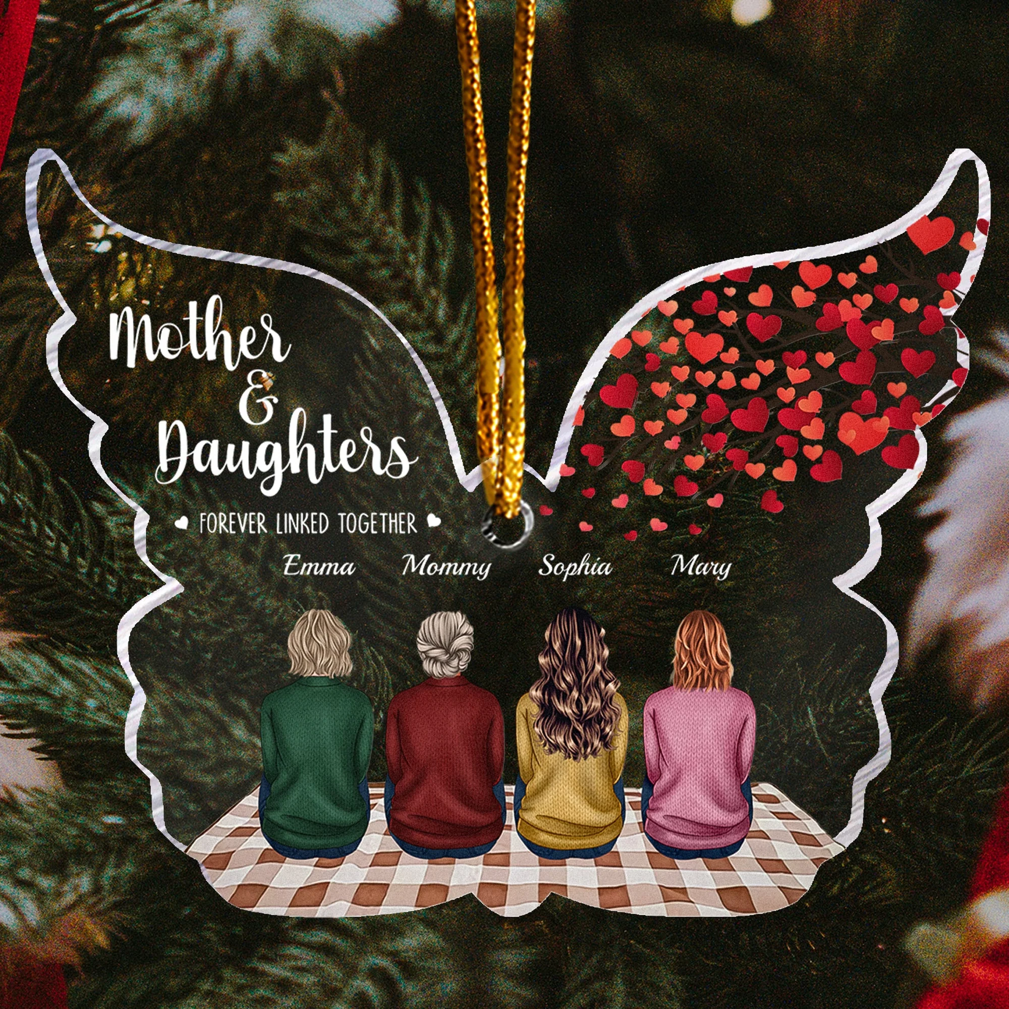 Mother & Daughters Forever Linked Together - Personalized Butterfly Shaped Acrylic Ornament - Image 3