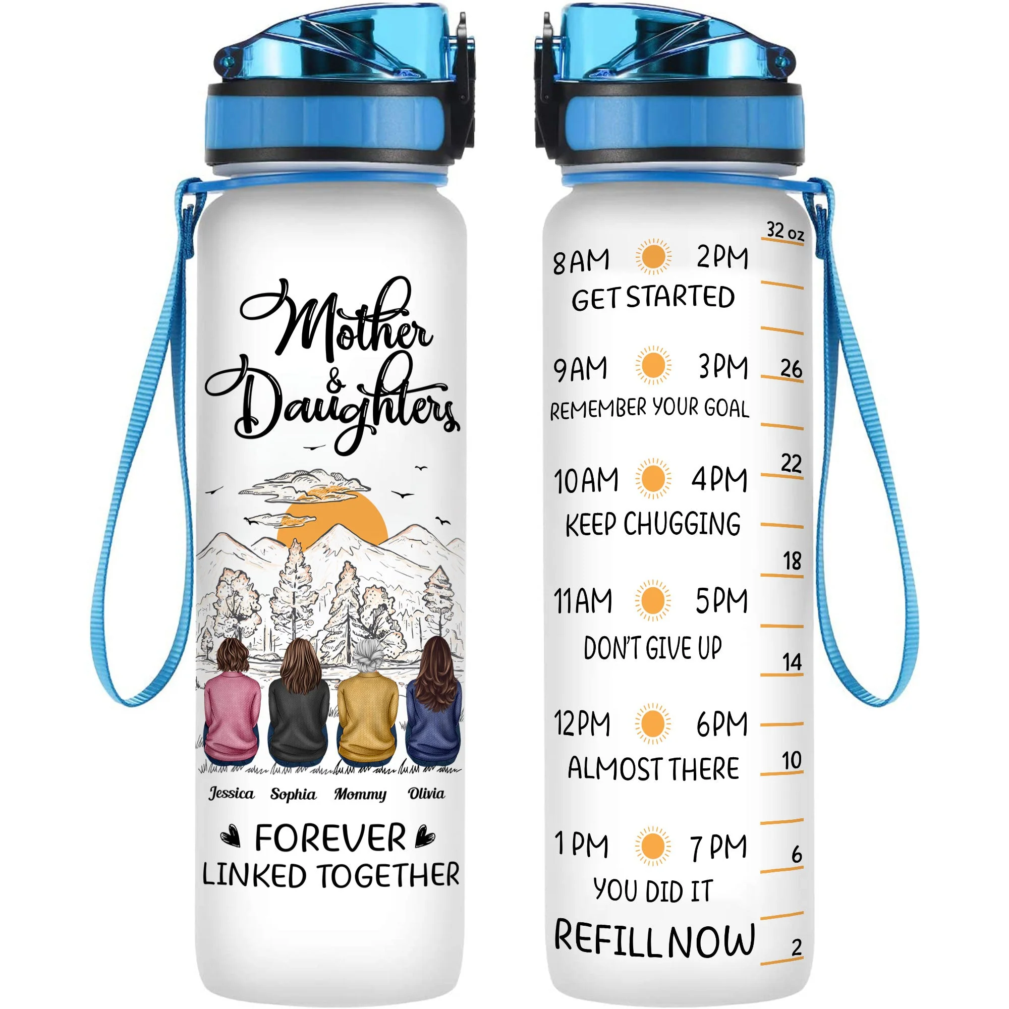 Mother & Daughters Forever Linked Together - Personalized Water Bottle With Time Marker - Image 4