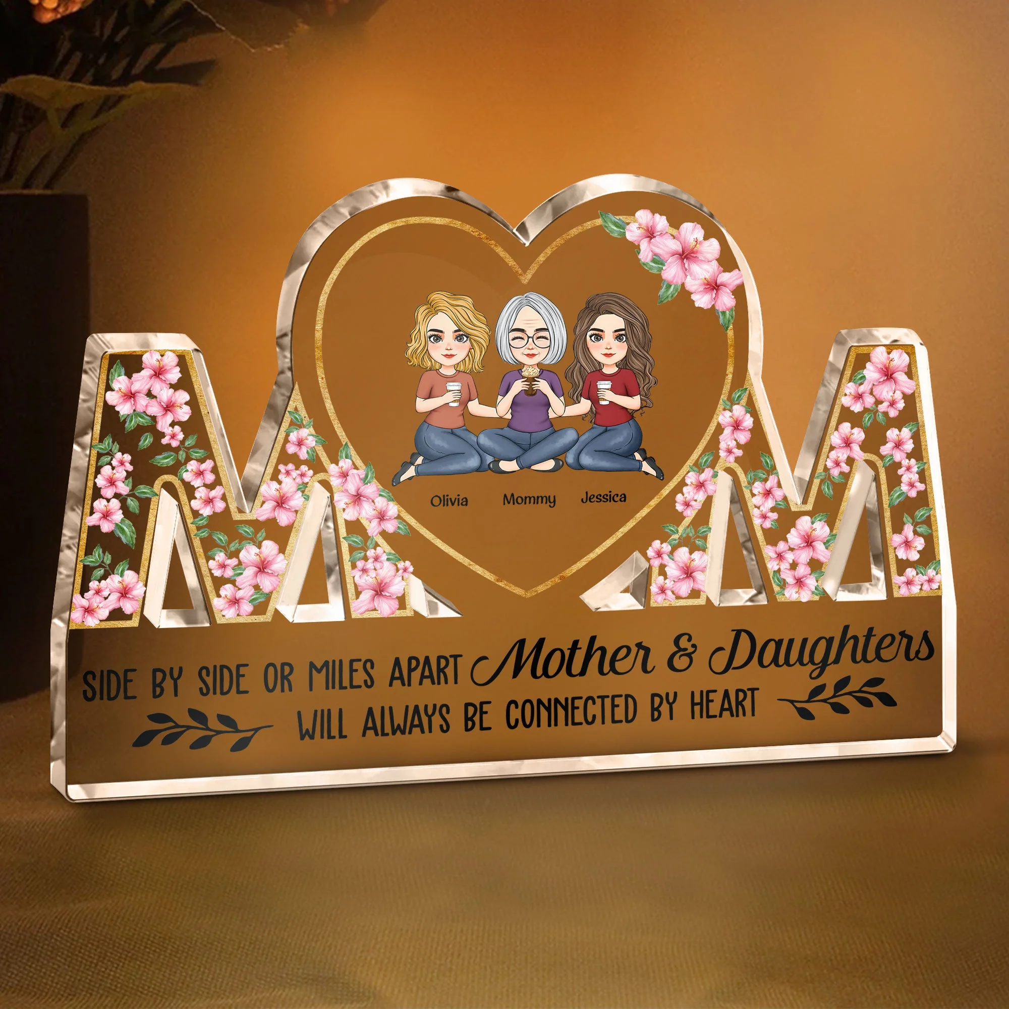 Mother & Daughters Will Always Be Connected By Heart - Personalized Mom Shaped Acrylic Plaque - Image 2